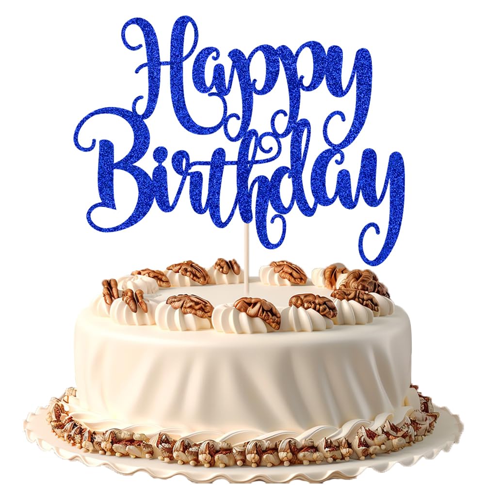 Deep Blue Glitter Happy Birthday Cake Topper