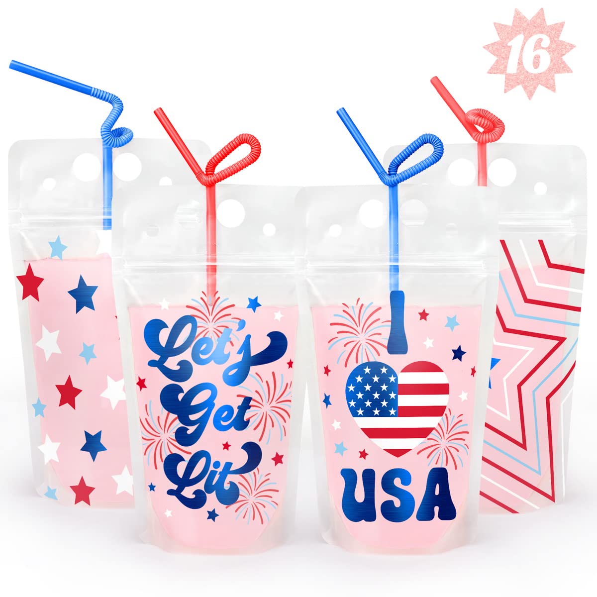 Patriotic Stars & Stripes Reusable Drink Pouches - 16 ct