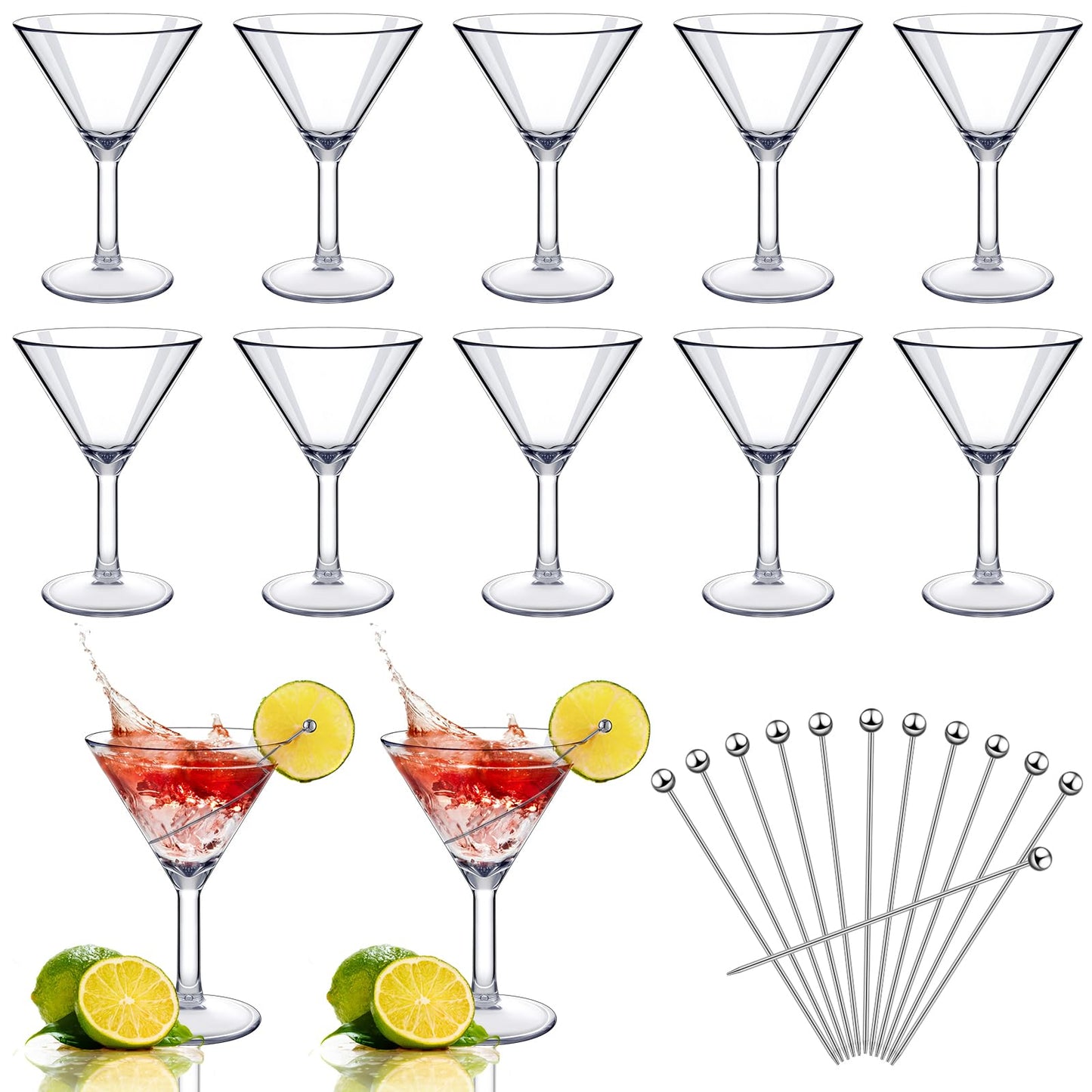 Hushee 24 Pcs Martini Glasses and Cocktail Picks 12 Pcs Reusable Cocktail Glasses Shatterproof Plastic Martini Cups (9oz) 12 Pcs Stainless Steel Picks for Home Outdoor Poolside Bar Party Camping