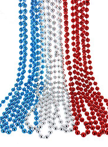 Metallic Red, Silver & Blue Beaded Party Necklaces – 12 Pack