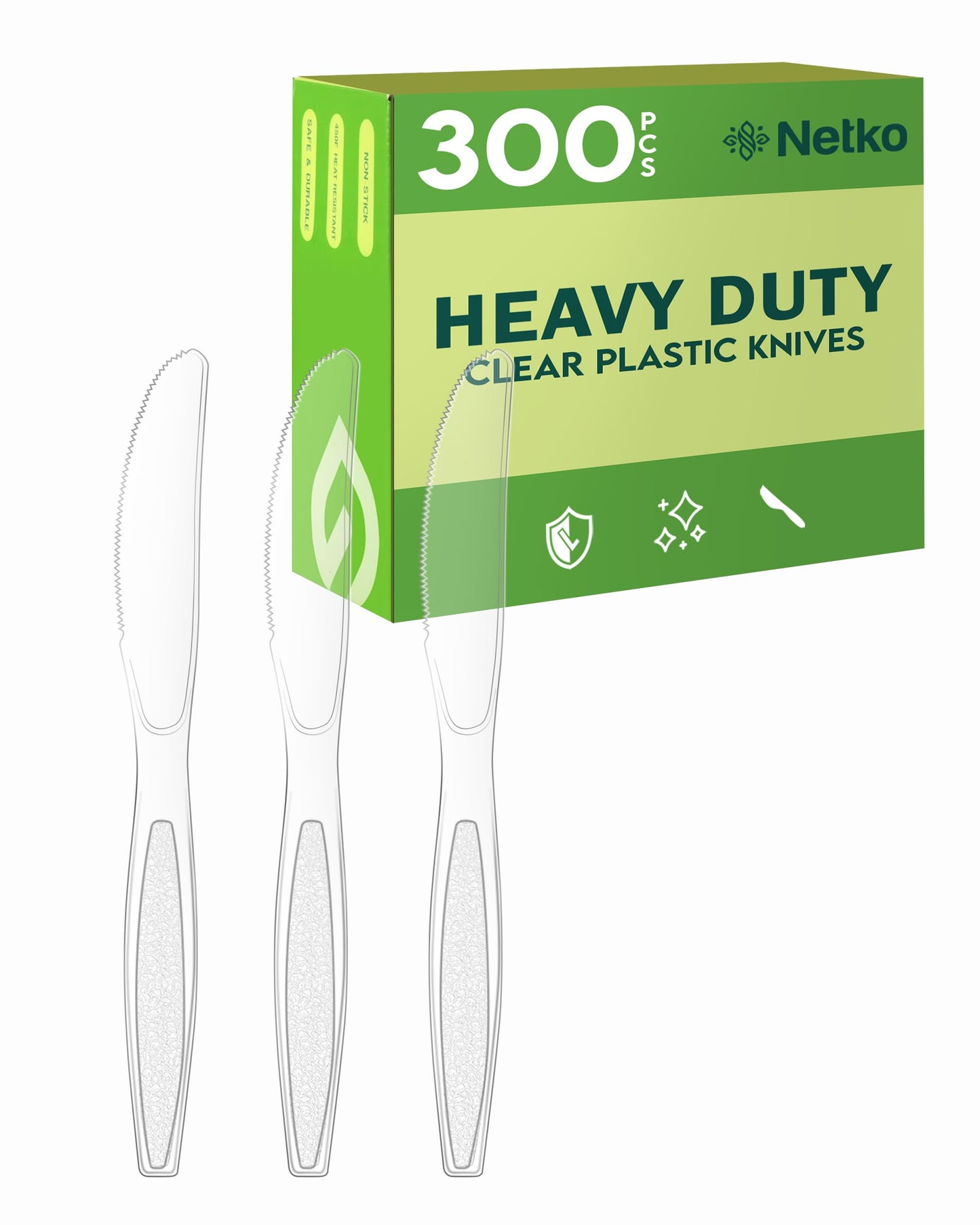 Netko Heavy Duty Plastic Knives – 300 Disposable Clear Plastic Knives With Engraved Design