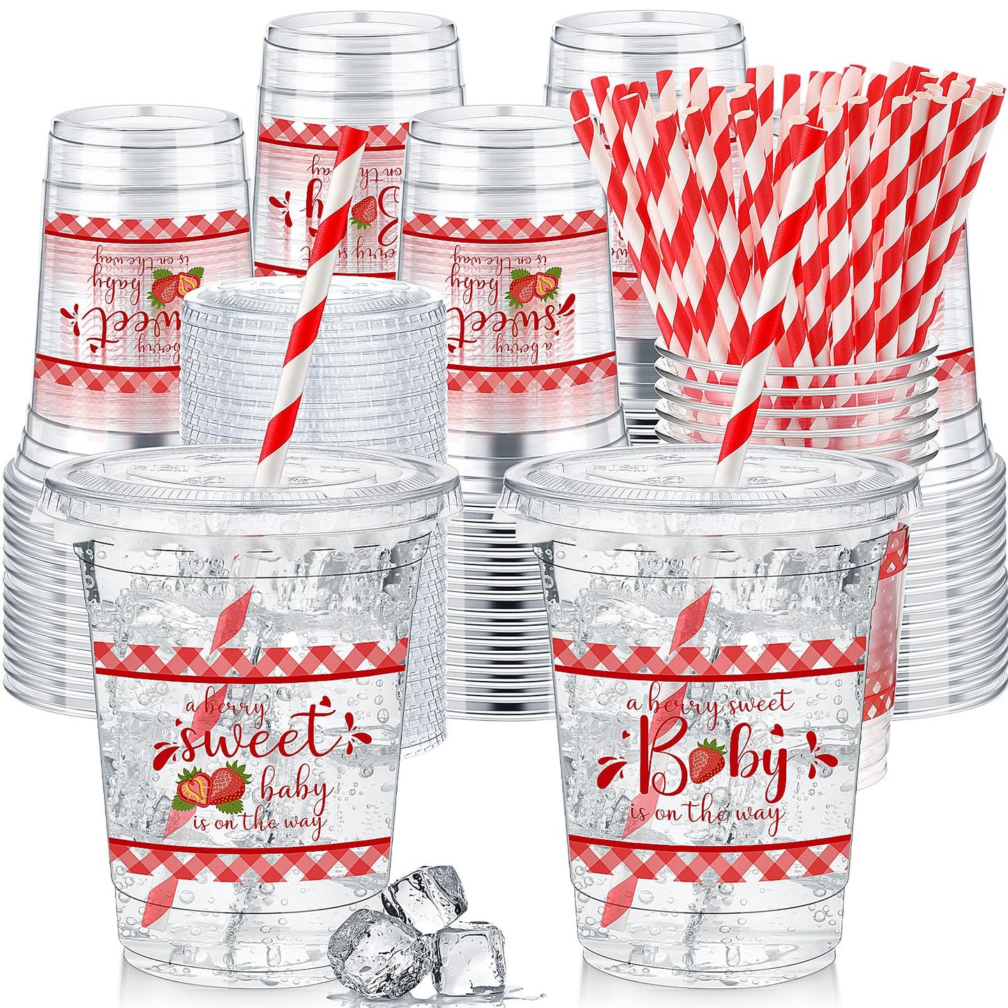 Strawberry Baby Shower Plastic Cups with Lids & Straws – 50 Pack