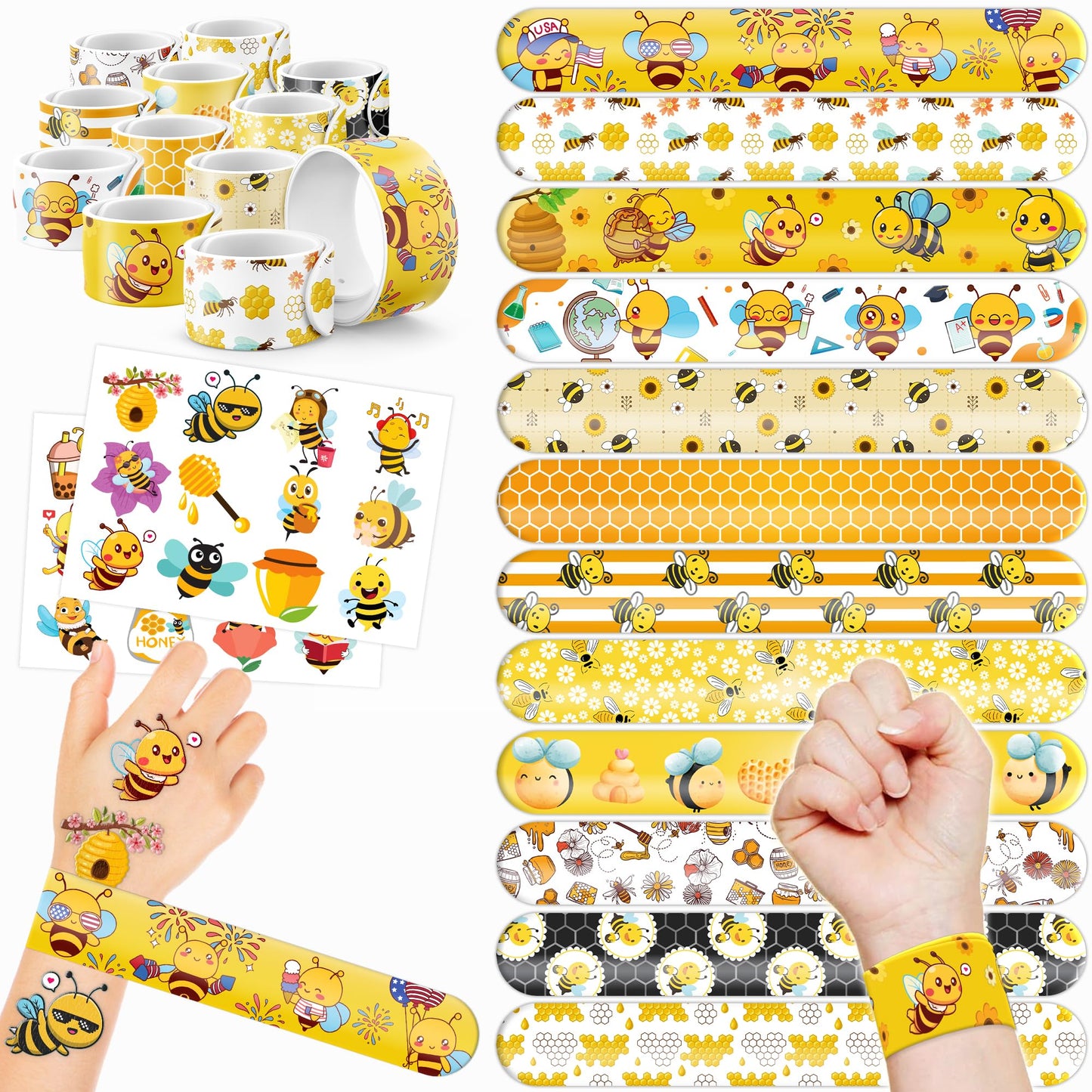 Bumble Bee Slap Bracelets & Temporary Tattoos Party Favours – 48 Pack