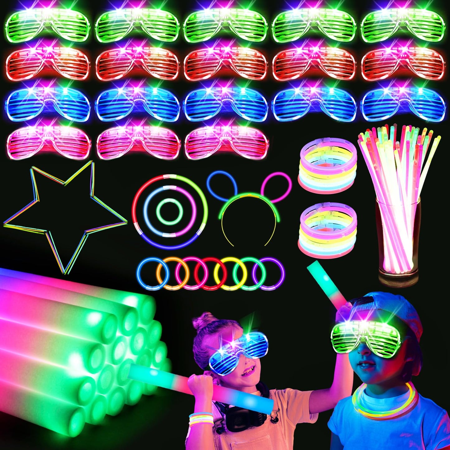 SHQDD136 PCS Glow in the Dark Party Supplies New Year Party Favors18 Foam Glow Sticks 18 LED Glasses and 100 Glow Sticks BraceletsNeon Party Favors for Glow PartyWeddingConcertRaves and Birthday