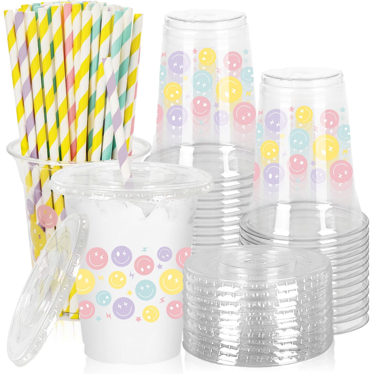 Preppy Happy Face Plastic Party Cups with Lids & Straws 12oz – 50 Pack