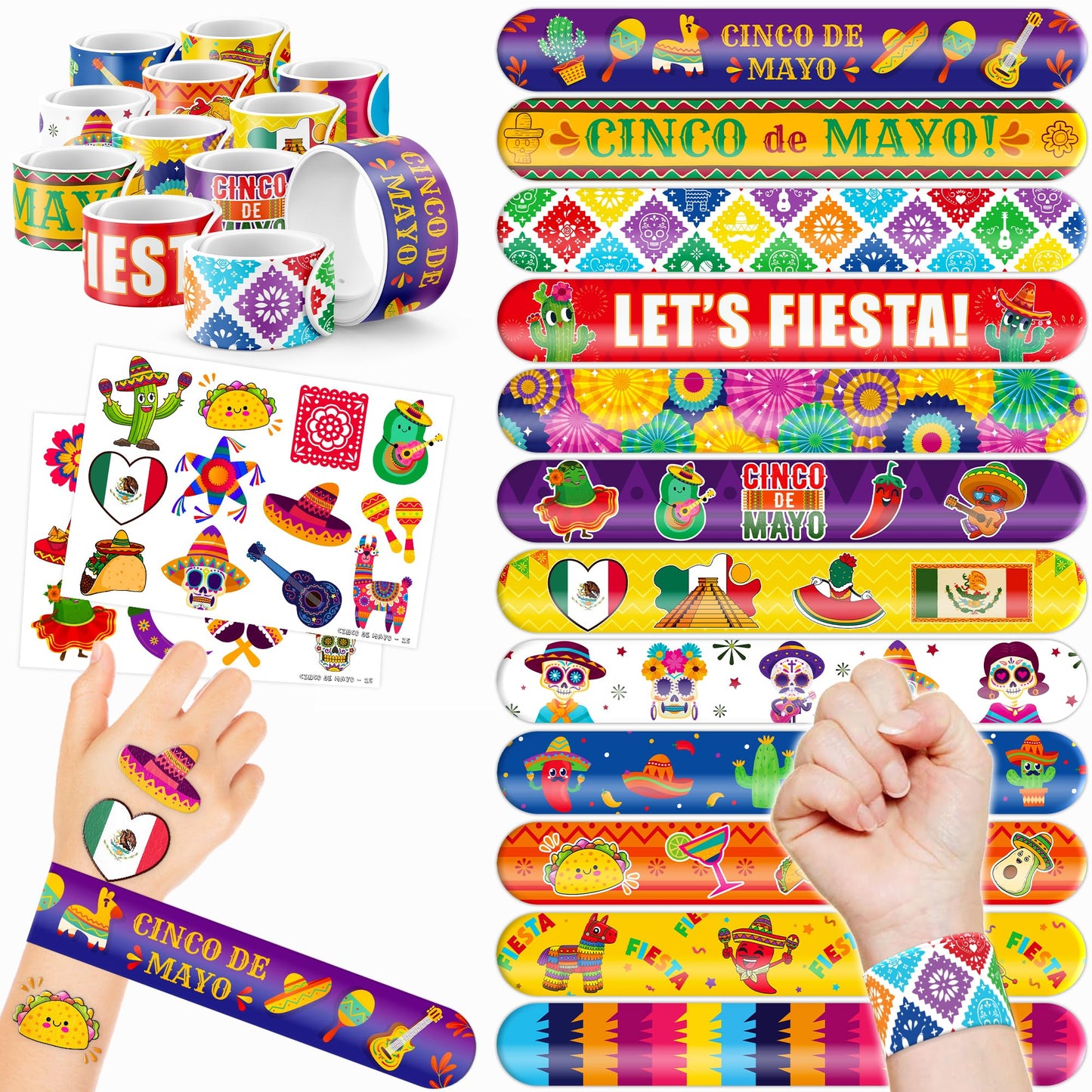 Mexican Fiesta Slap Bracelets & Temporary Tattoos Party Favours – 48 Pack