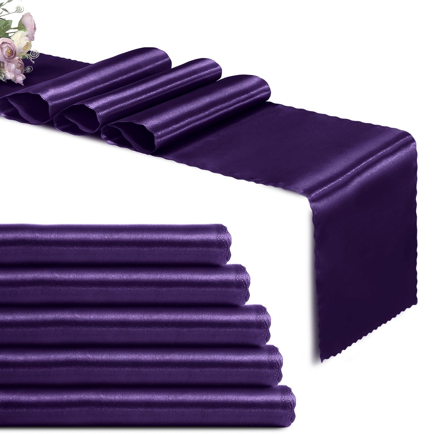 Purple Satin Table Runners with Scalloped Edges – 5 Pack, 12 x 108 Inch