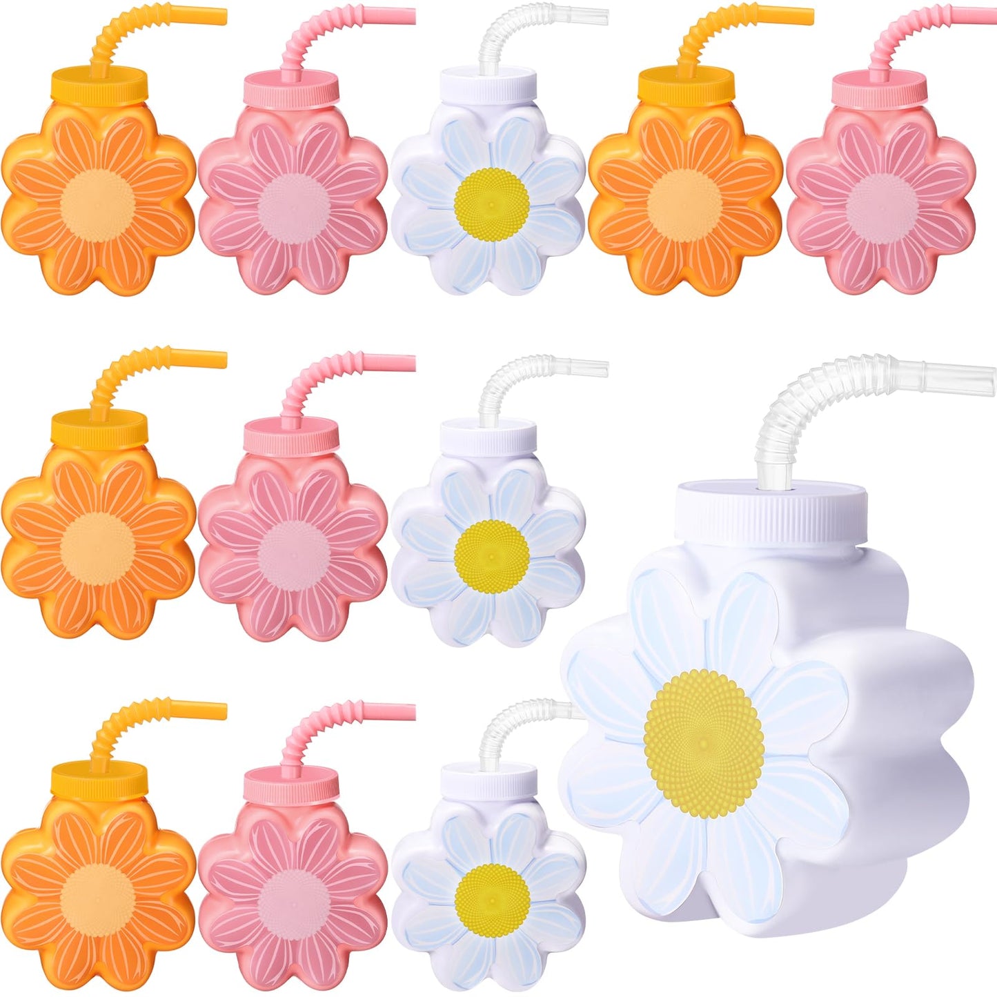 Daisy Flower Shaped 10oz Party Cups with Lids & Straws – 12 Pack