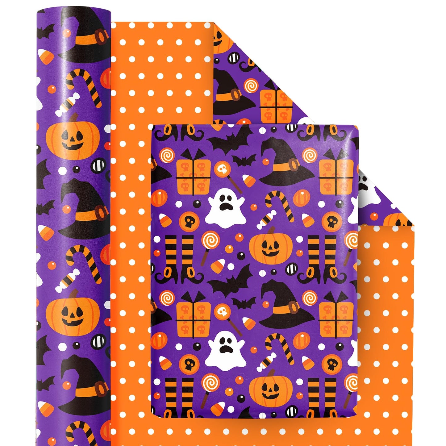 Halloween Ghost & Pumpkin Reversible Wrapping Paper Roll – 17 Inch x 32.8 Feet