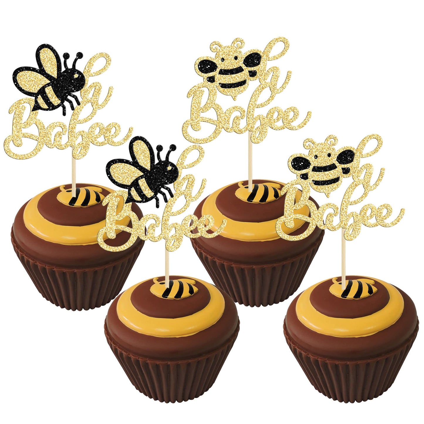 24Pcs Bumble Bee Cupcake Toppers Glitter Oh Babee Cupcake Picks Oh Baby Cupcake Pick Decorations for Bee Theme Baby Shower Kids Birthday Party Decorations Supplies