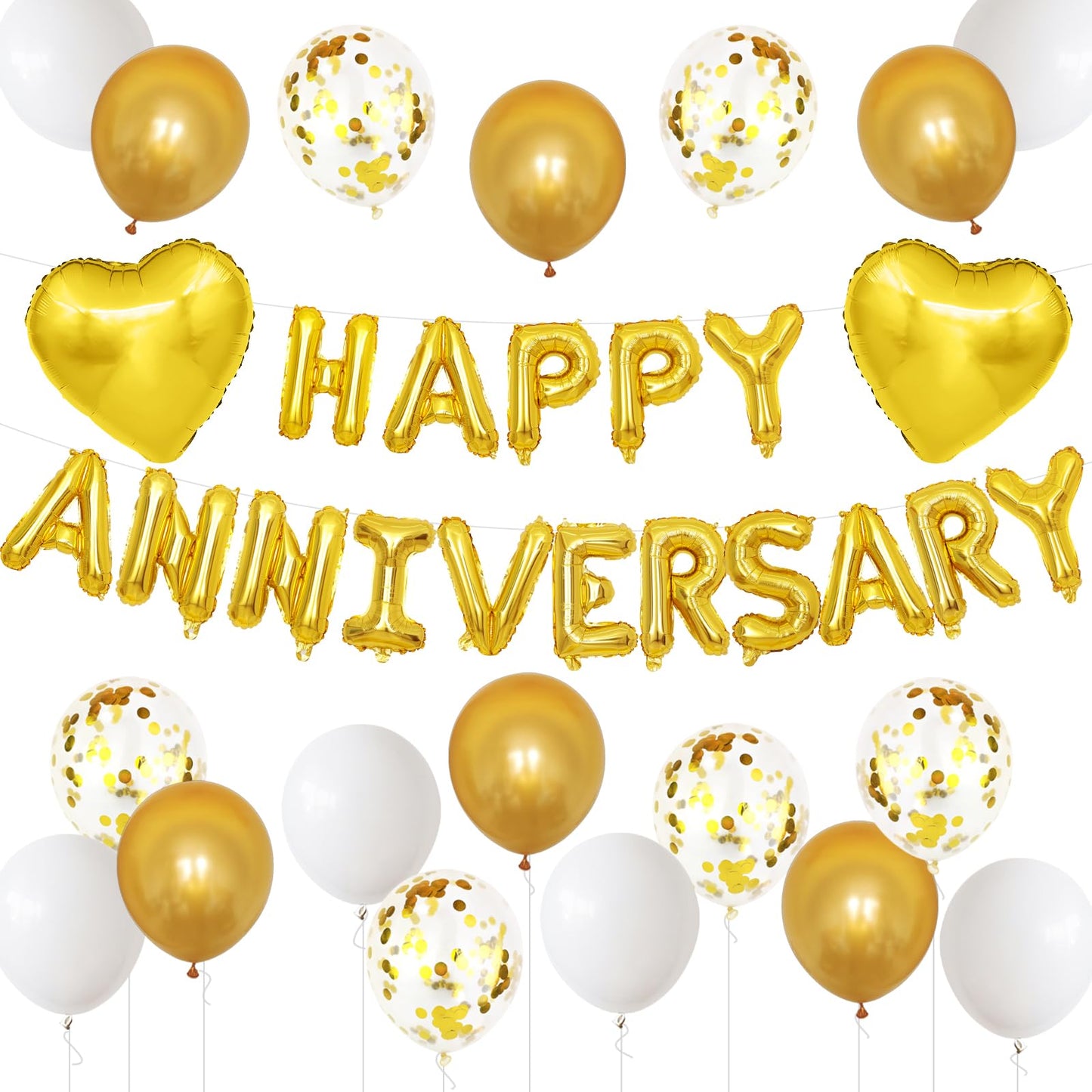 Anniversary Decorations White GoldHappy Anniversary Foil Balloon Banner with Confetti BalloonsLatex BalloonsFoil Heart Balloons for Anniversary Celebrations Surprise Events Romantic Night Weddings
