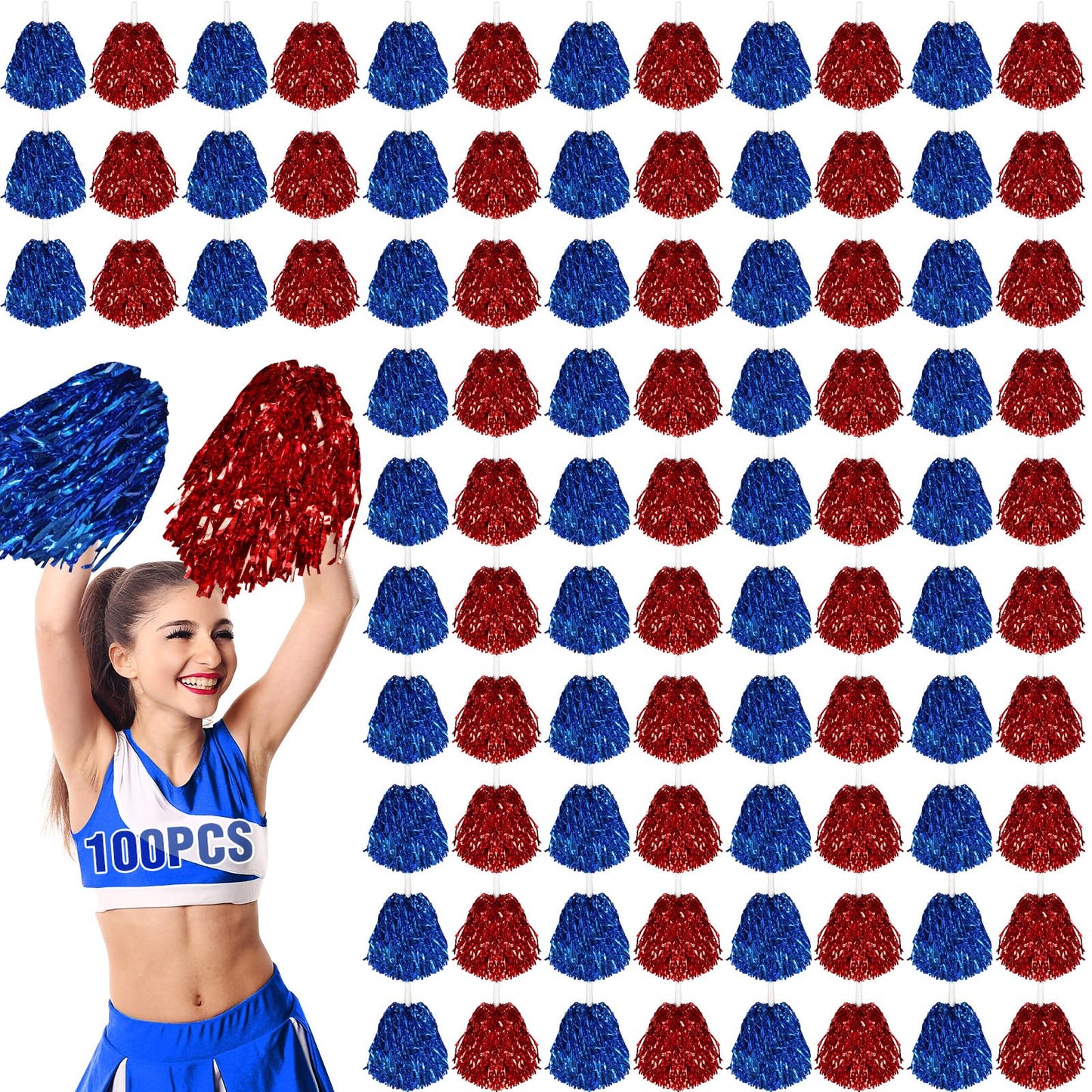 Metallic Foil Cheerleading Pom Poms – 100 Pack, Blue & Red