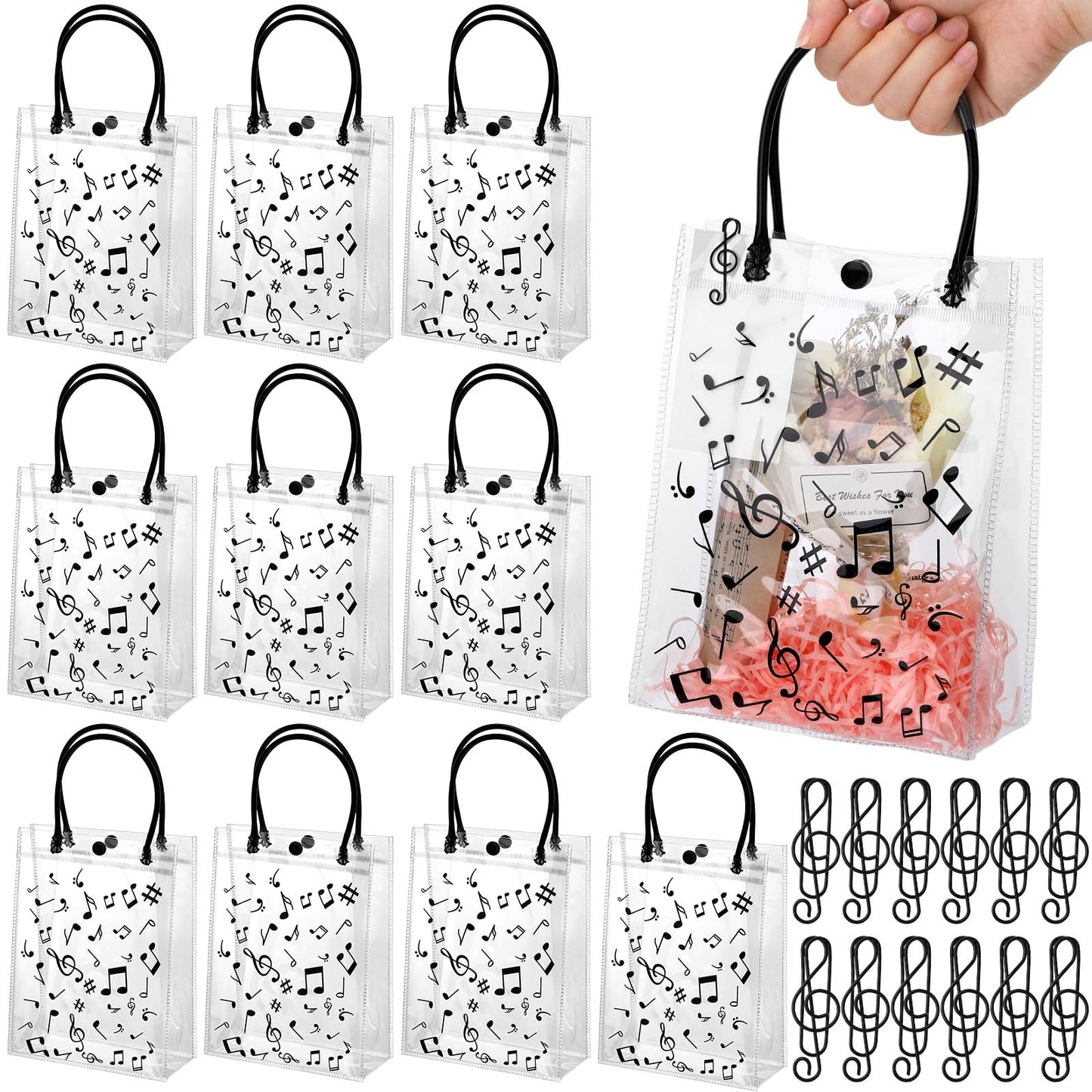 Wesnoy 24 Pcs Musical Notes Gift Bags with Handle 6x8 Inch Clear Music Treat Bags bulk Musical Party Favor Bag with Musical Note Paper Clip for Musician Social Media Music Birthday Party Supplies