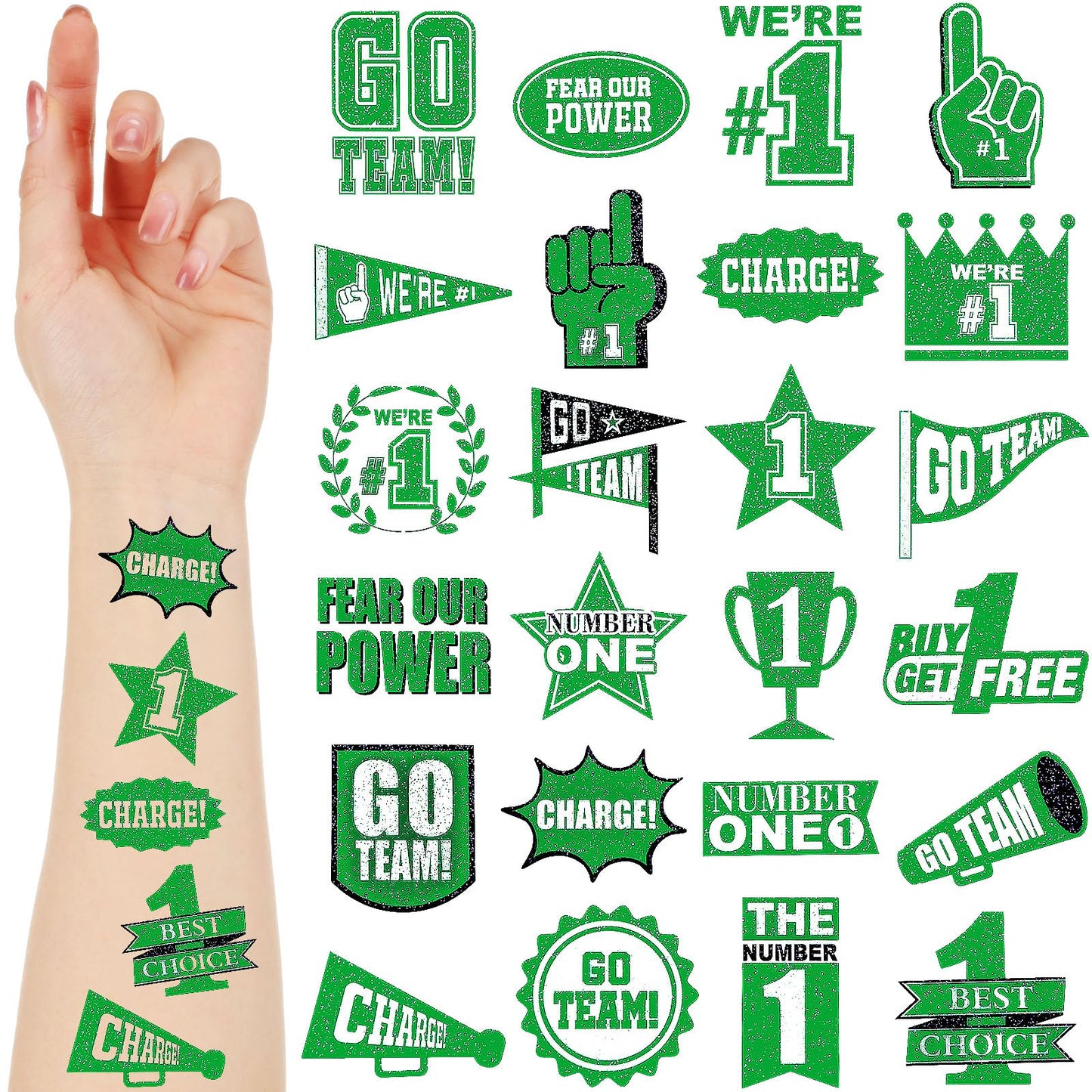 Green Team Spirit Glitter Temporary Tattoos