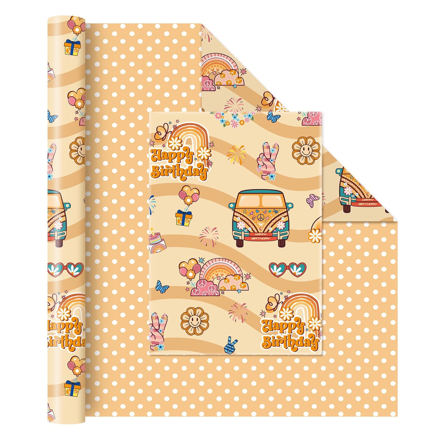 Boho Hippie Reversible Wrapping Paper Roll – 17 Inch x 33 Feet