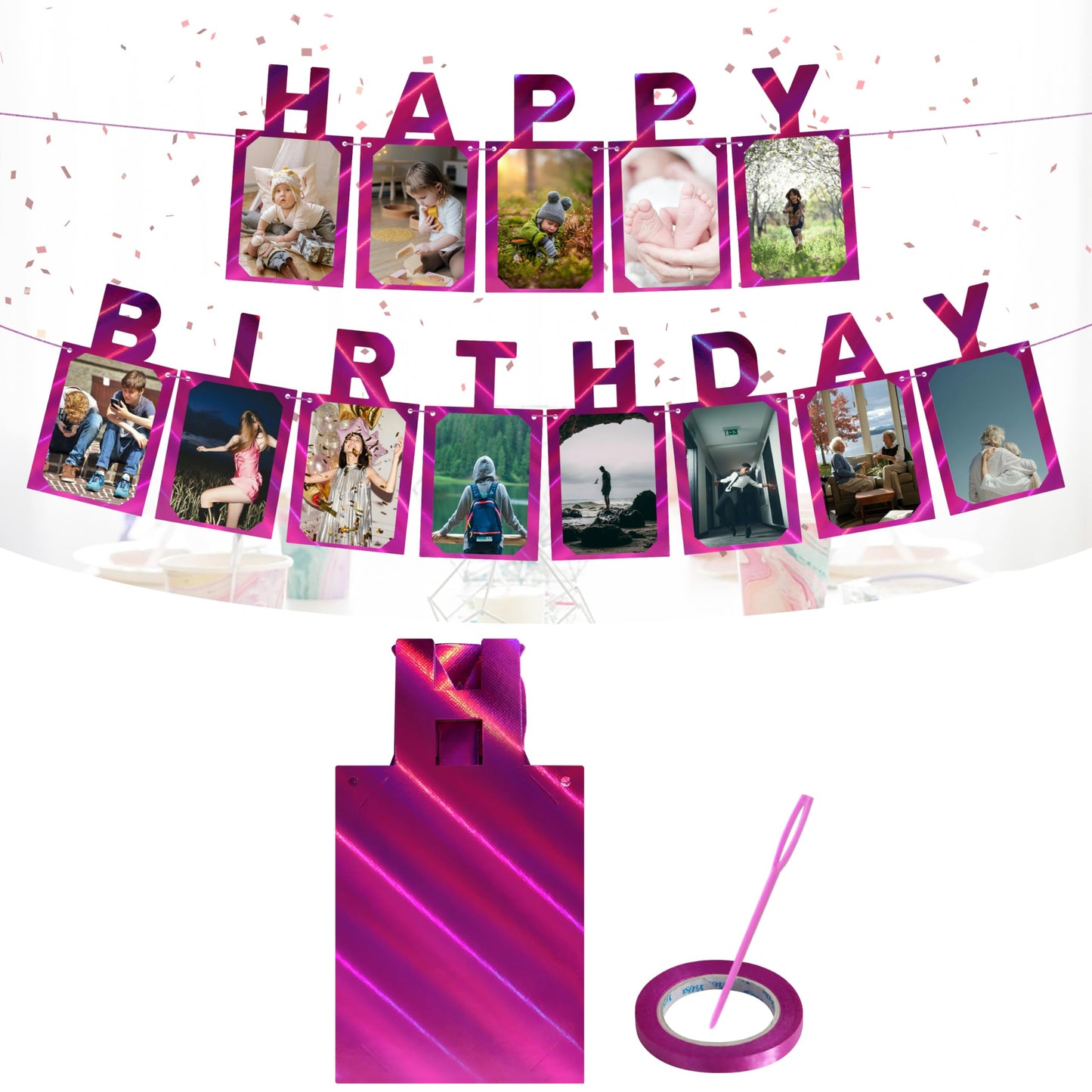 cabzymx Unique Pink Birthday Photo Banner Waterproof Happy Birthday Signs with 4x6 inches Photo Frame Glitter Birthday Letters Banners for Kids Adults Birthday Party- Personalizing Party Themes