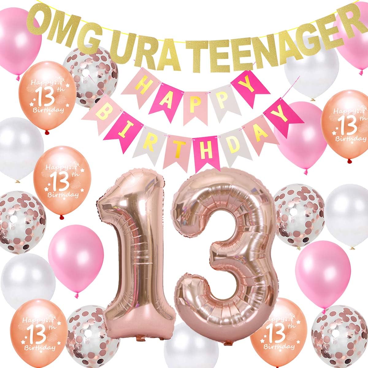Rose Gold OMG Ur A Teenager Happy 13th Birthday Banner Garland 13 Birthday Foil Balloons Teenager Confetti Balloons for Teen Girls 13 Years Old Birthday Party Supplies Daughter(13th)