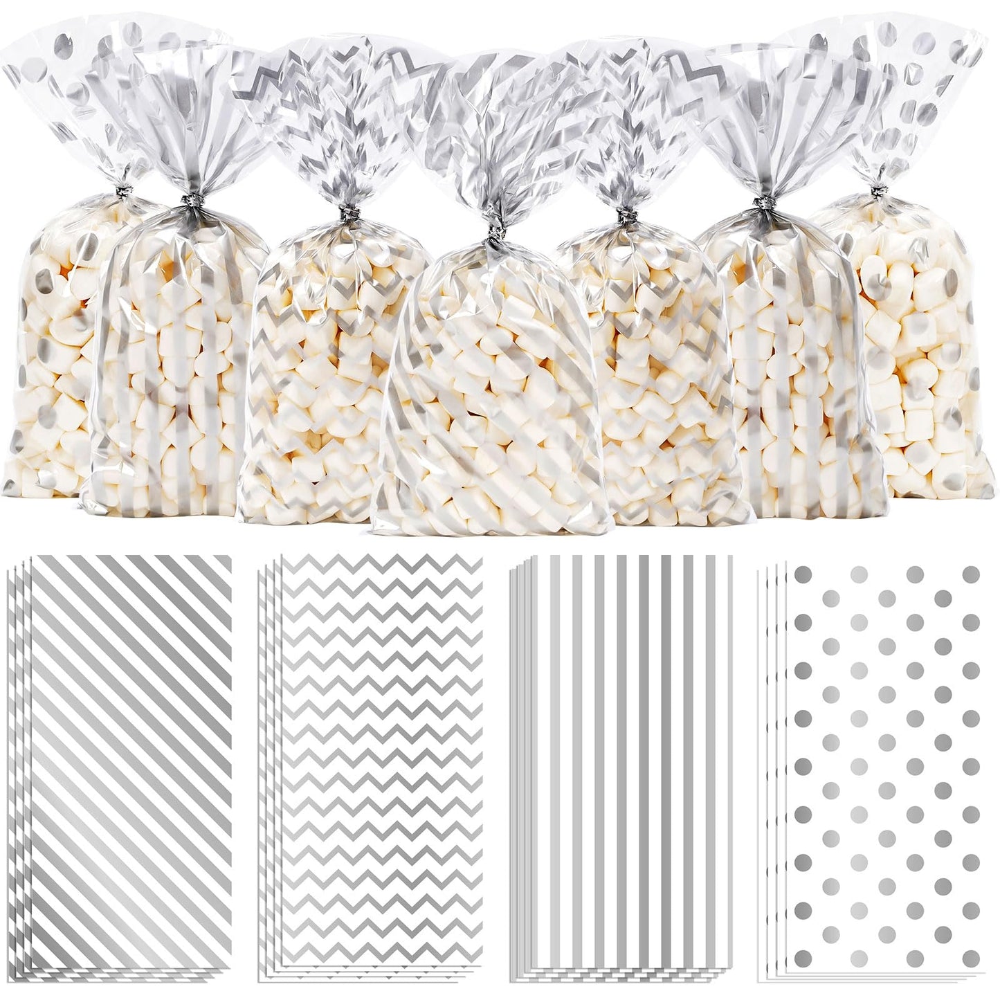 Silver Pattern Cellophane Treat Bags with Twist Ties - 160 ct