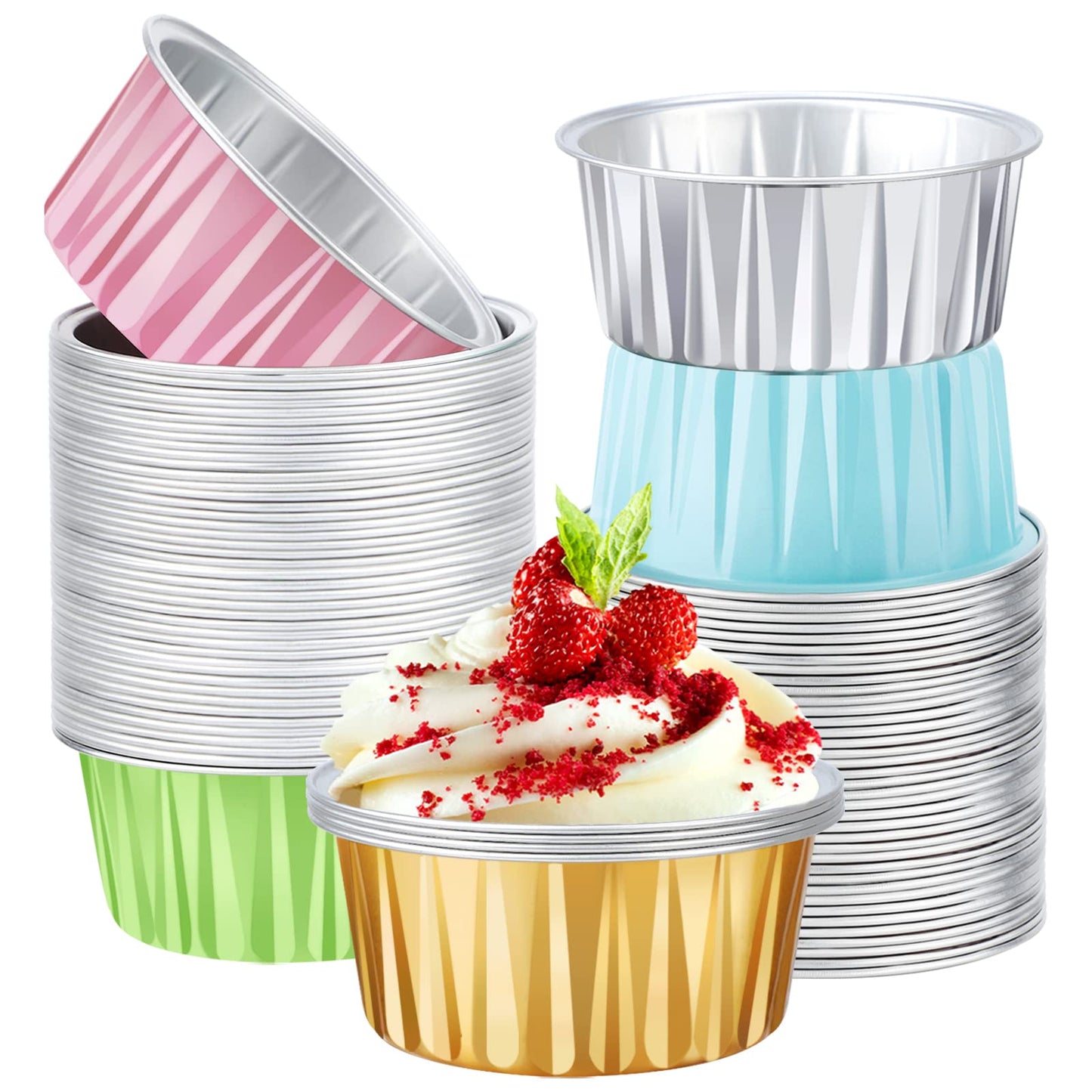 EUSOAR Dessert Cups 5oz 100pcs Aluminum Foil Disposable Creme Brulee Baking Cups Ramekins 5 Colors Mixed Cupcake Liners Containers Wrappers Mini Muffin Cups Cheesecake Pans for Party Gatherings