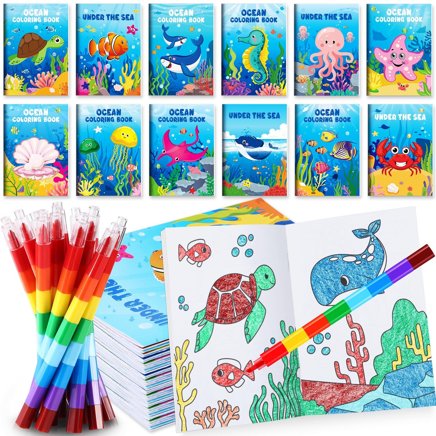 Under the Sea Mini Coloring Books with Crayons Party Favors - 12 ct