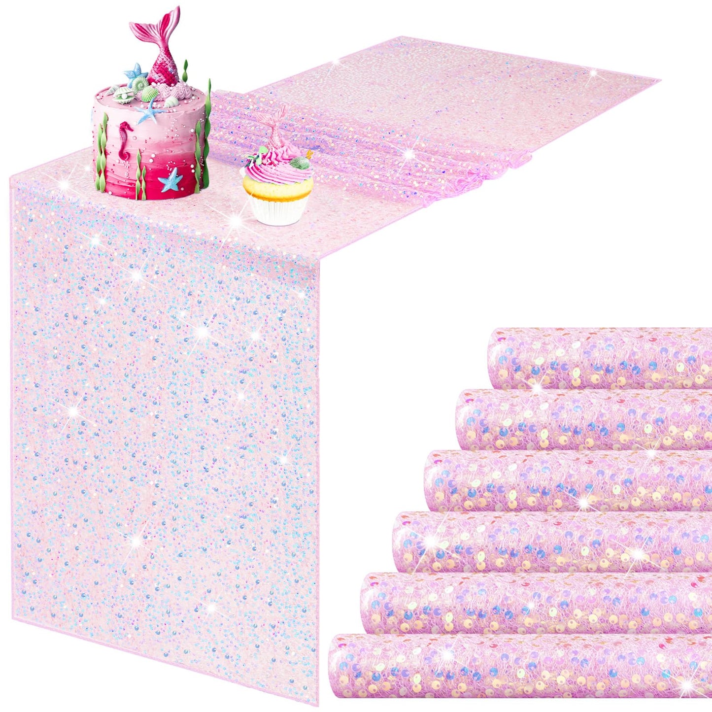 Remagr 6 Pcs Iridescent Sequin Table Runner 12 x 72 Inch Mermaid Table Runner Glitter Sequin Table Runner for Wedding Birthday Party Ceremony Supplies Decor(Pink)
