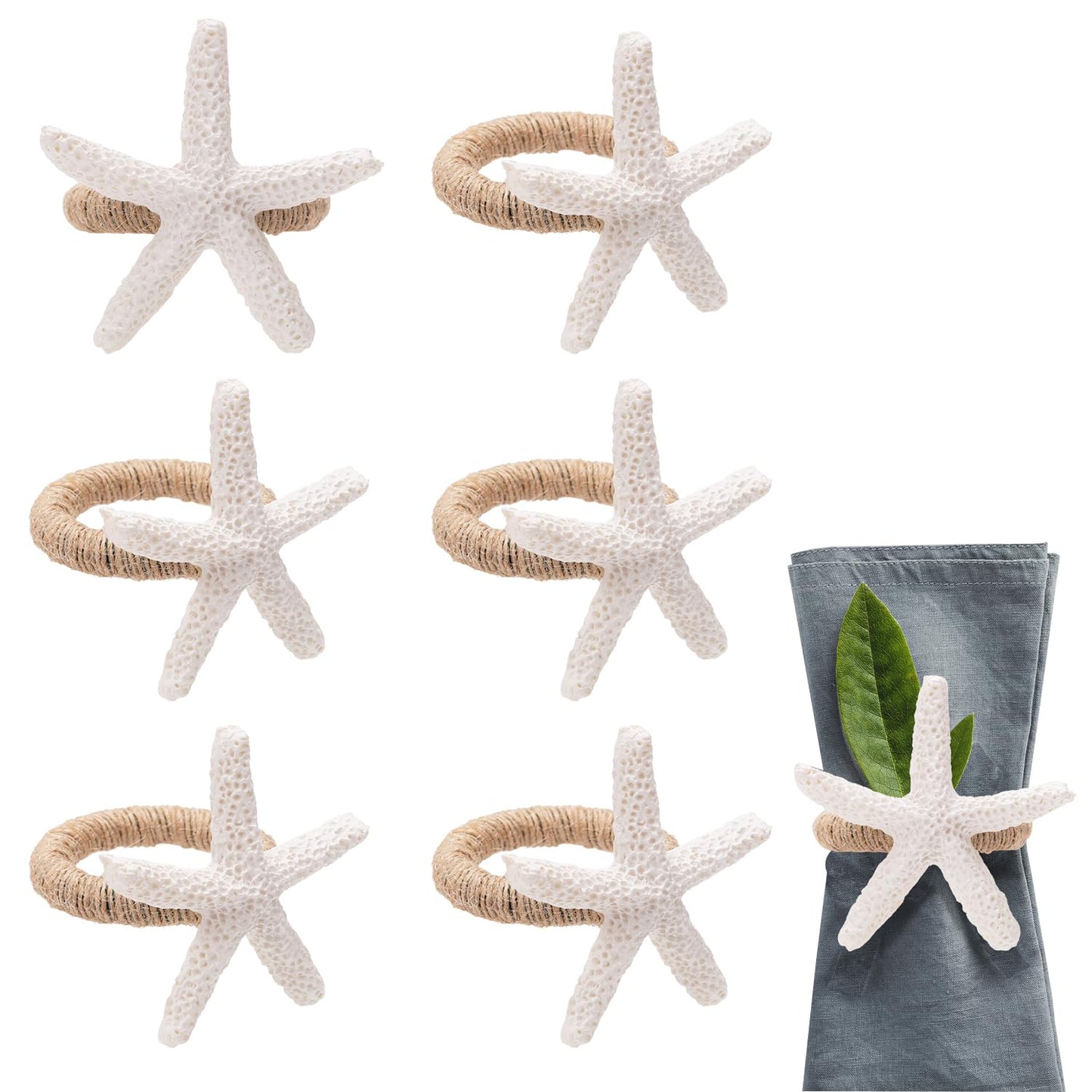 6pcs Starfish Napkin Rings White Sea Star Nautical Napkin Ring Holders Rustic Serviette Buckles for Crafts Dinning Dinner Table Summer Party Banquet Wedding Coastal Beach Holiday Cloth Decoration