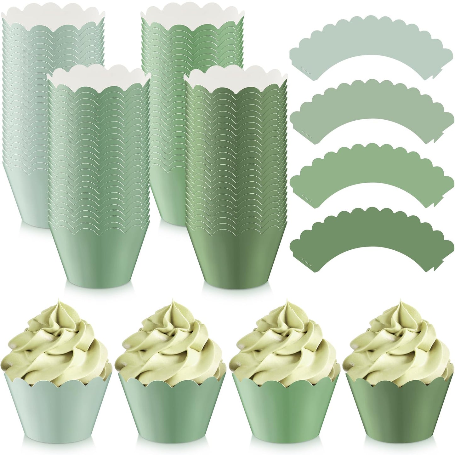 Domensi 100 Pcs Cupcake Wrappers Rustic Cupcake Liners Baking Cups Baking Liners for Wedding Bridal Baby Shower Birthday Party Supplies Dessert Decoration (Sage Green)