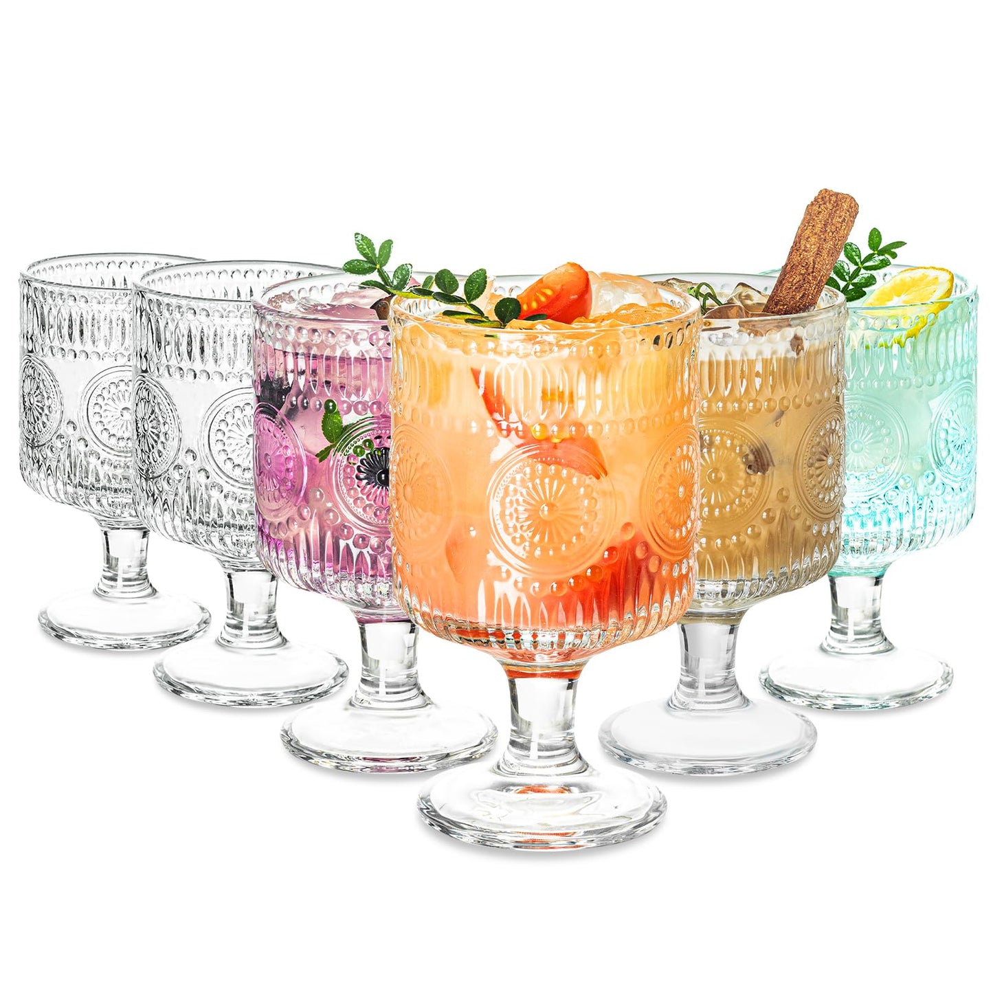 Set of 6 Romantic Vintage Goblet glassware Charming Embossed Floral Cocktail Glasses Set Mixed Drink Glasses for Bars Restaurants Party and Elegant Dinners 8 oz Wine Glasses