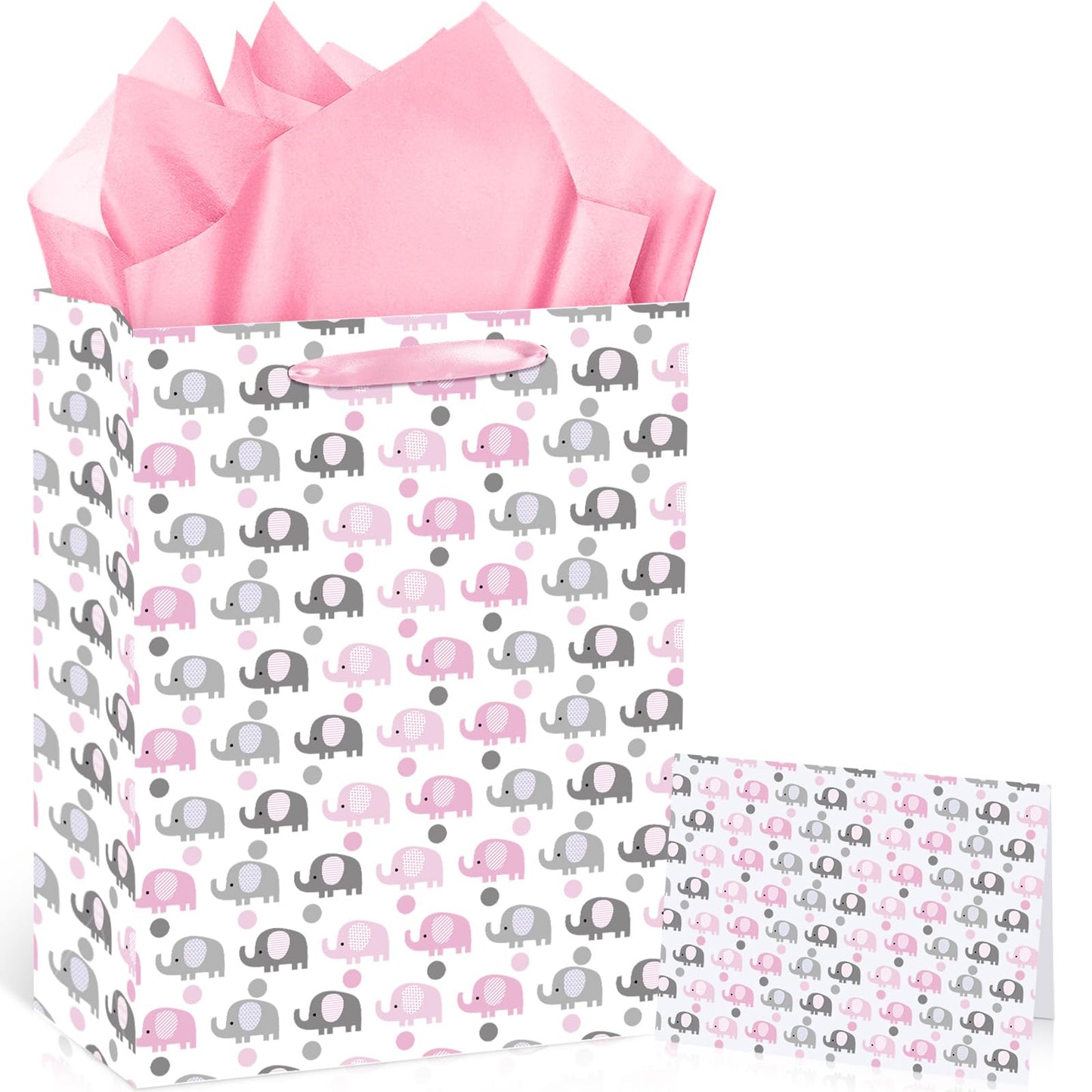 Large Pink Elephant Gift Bag with Tissue Paper & Card