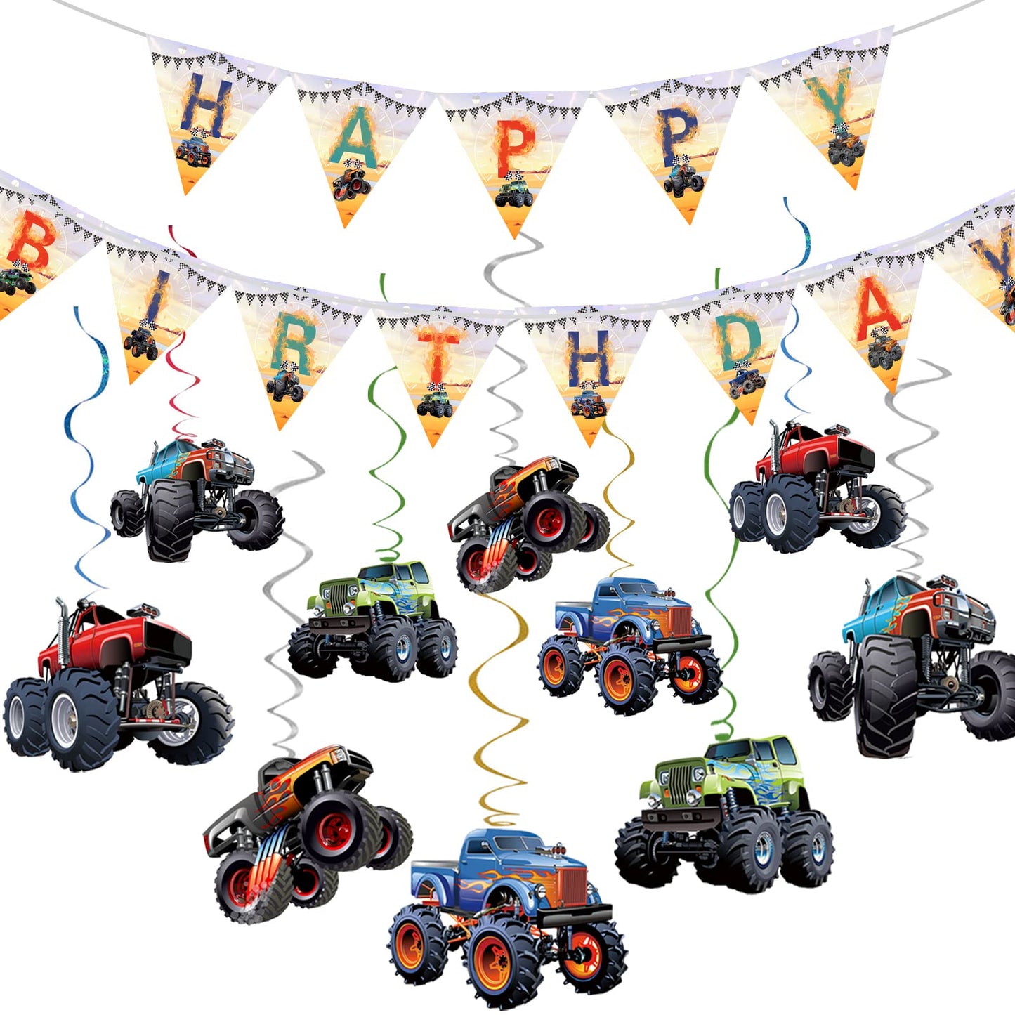 Monster Truck Birthday Party Supplies Pack Monster Truck Party Decorations including Triangle Monster Truck Happy Birthday Banner 10pcs Monster Truck Hanging Swirls for Kid‘s Birthday