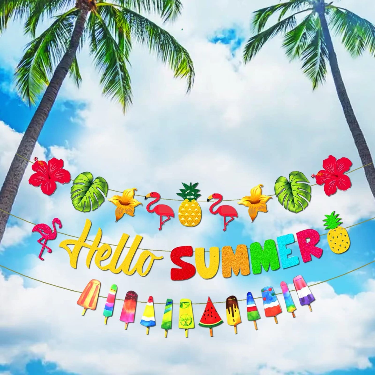 Hello Summer Welcome Banner Luau Pool Party Decorations Supplies Hawaiian Beach Banner Topical Garland Ice Cream Themed Birthday Party Decor for Outside Tree