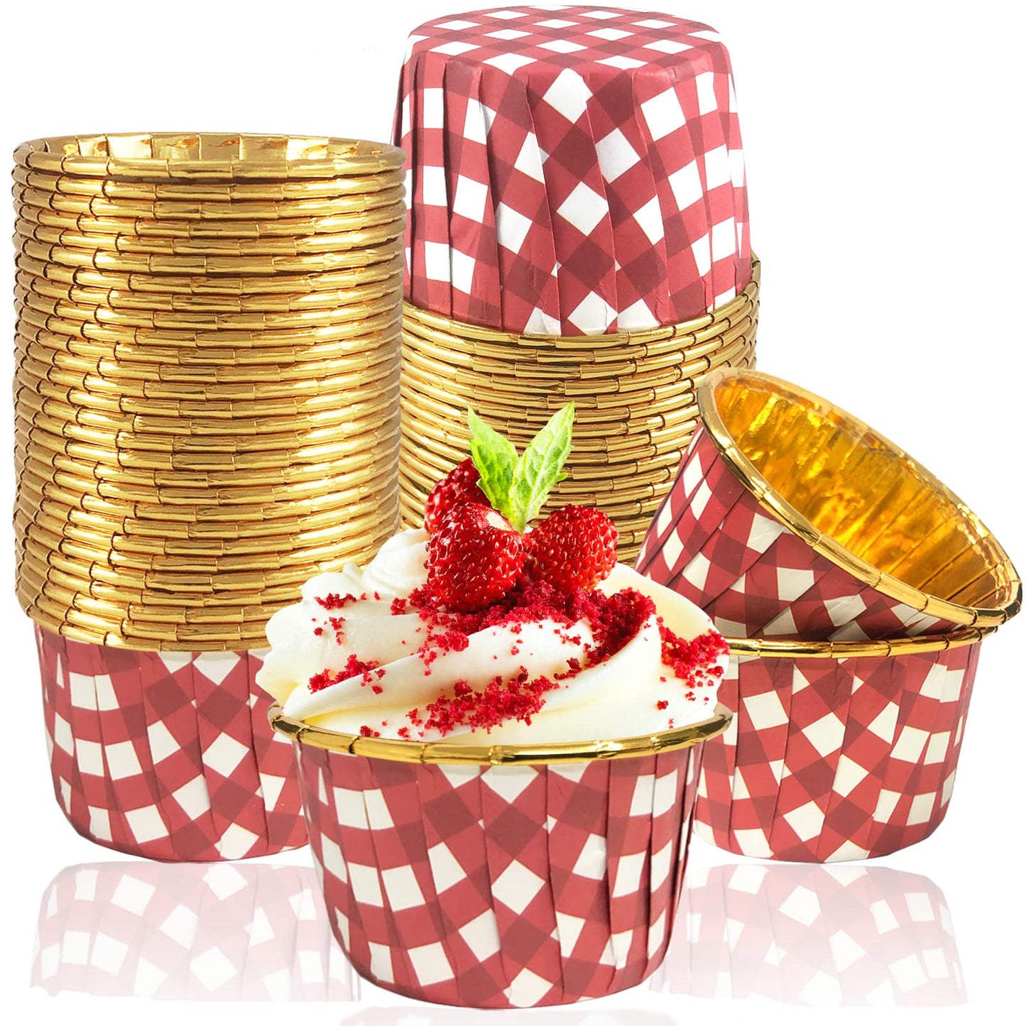 Ruiqiger 50 Pack Gingham Foil Cupcake Baking Cups 3.5 Oz Checkered Gold Foil Cupcake Liners Muffin Liners Mini Cake Cupcake Baking