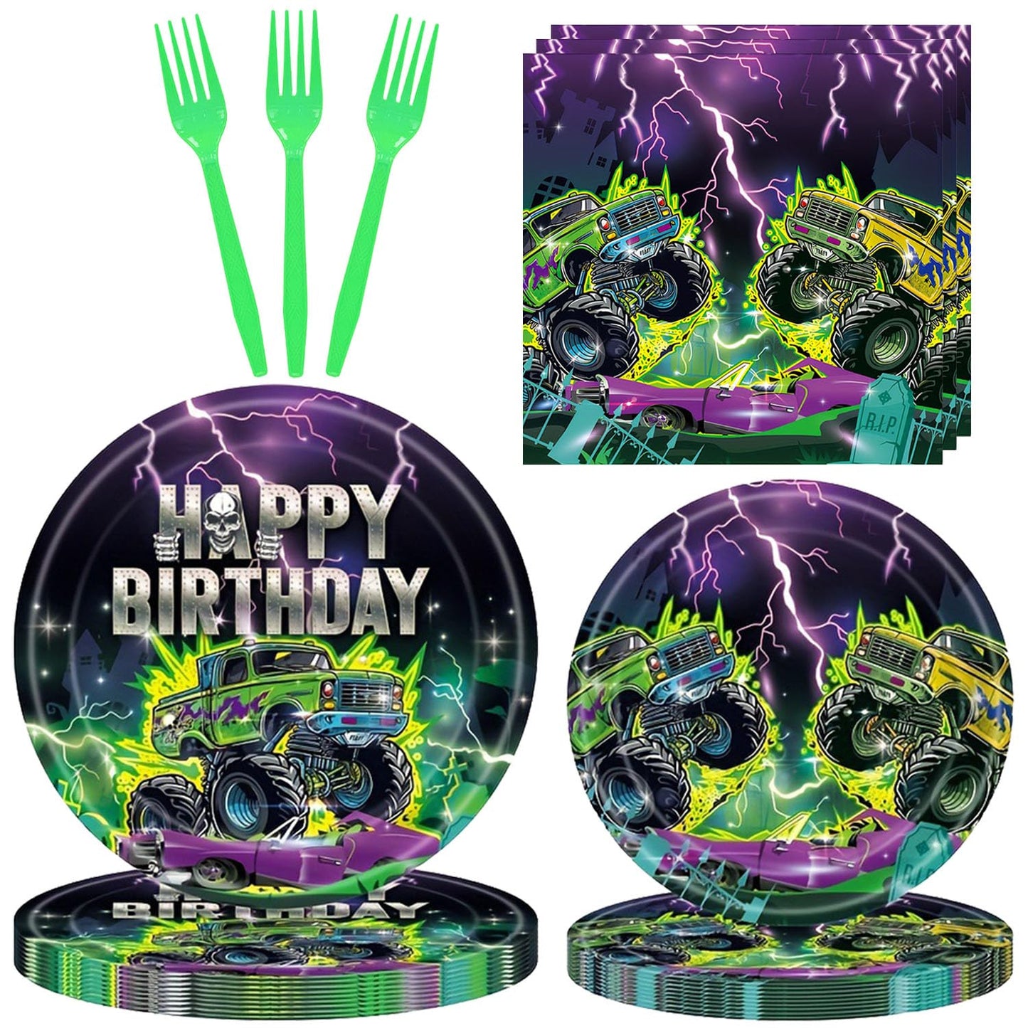 YARUBA Monster Truck Plates Napkins - 96Pcs Green Car Birthday Party Decorations Supplies Plates Napkins Forks Set for 24 Guests