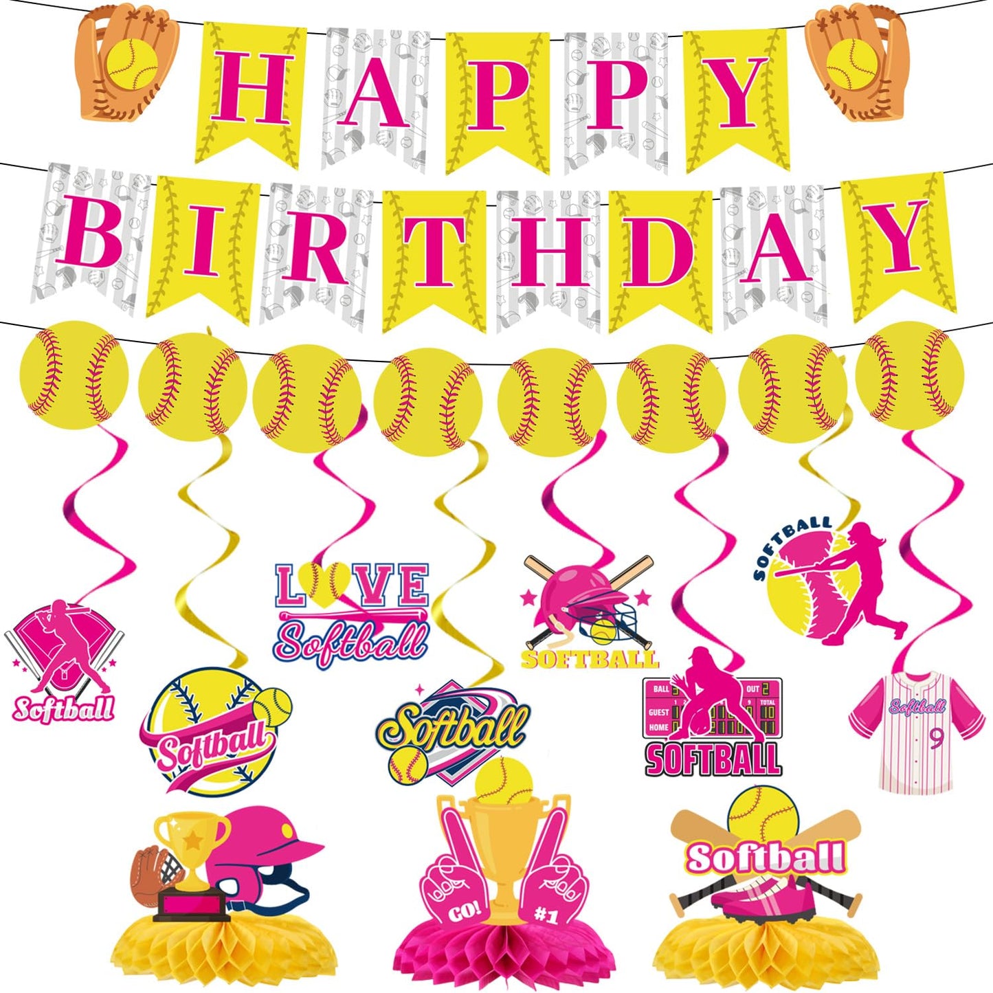 Softball Birthday Party Decoration Set – Banner, Swirls & Centrepieces