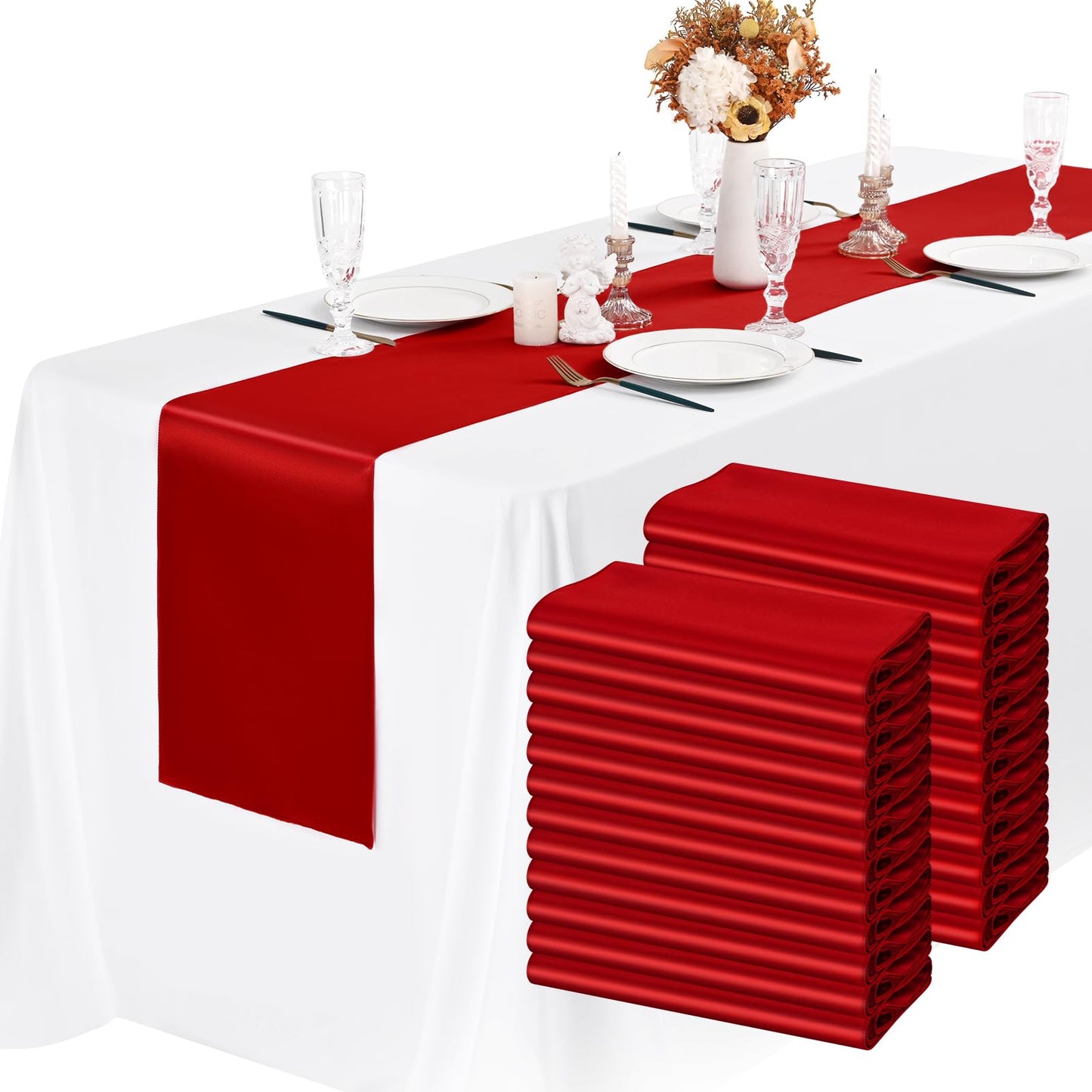 LOKUME 24 Pack Red Satin Table Runners 12 x 72 Inch Long Bright Silk Smooth Fabric Red Table Runners for Party Wedding Reception Birthday Banquet Decoration