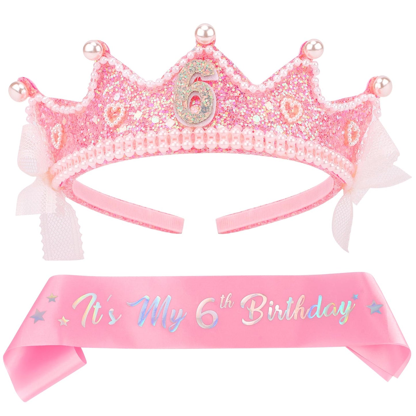 Chanaco 6th Birthday decorations Pearl Birthday Crown for 6 Year Old Girls 6th Birthday Sash and Tiara Outfit Pink Glitter Heart Headband Hair Accessories Cute Bow Headpieces for Party