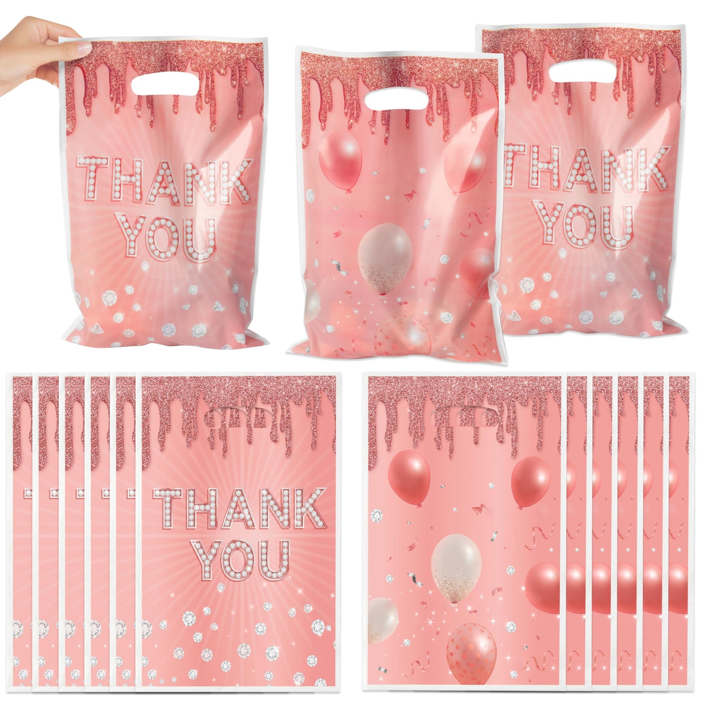Rose Gold Plastic Thank You Party Favour Bags – 50 Pack