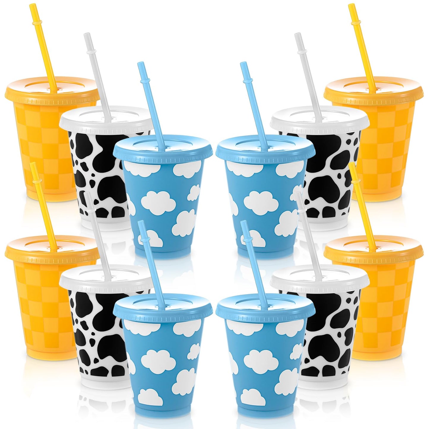Cartoon Story Reusable Plastic Party Cups with Lid & Straw - 12 ct
