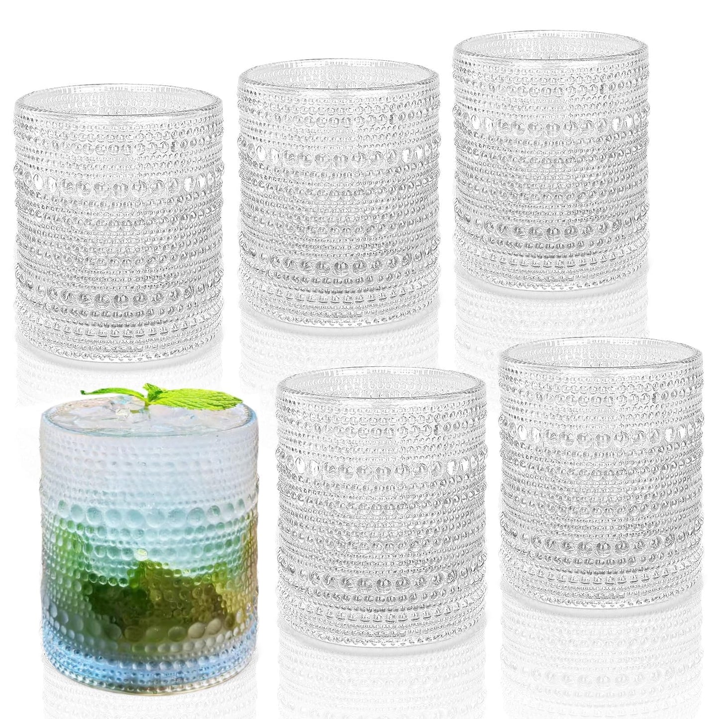 Vintage Hobnail Drinking Glasses Set of 6 10 oz Cocktail Glasses Jupiter Glasses Textured Glass Cups Mixed Drinkware Set Vintage Glassware Set for Juice Cocktail Whisky Soda Beverages. Clear