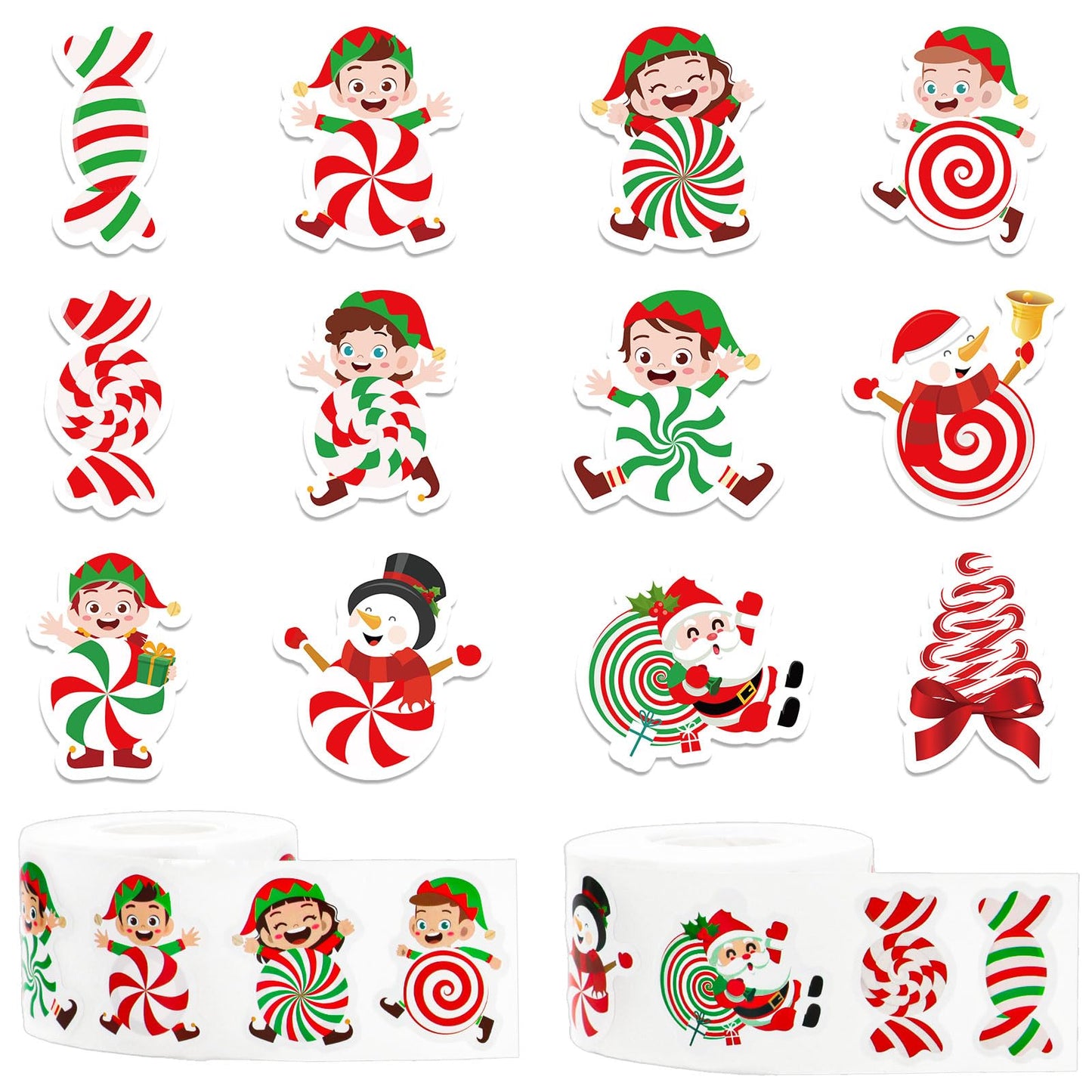 Christmas Elf & Peppermint Sticker Roll – 1,000 Pieces, 2 Rolls