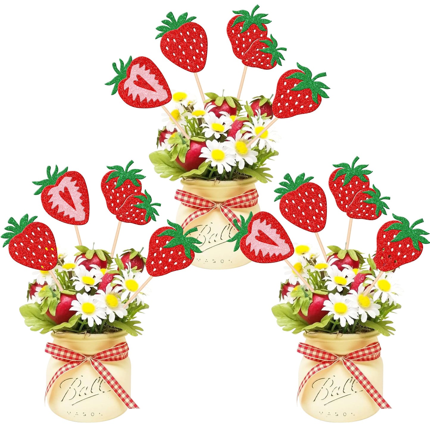 Glitter Strawberry Centrepiece Sticks for Berry 1st Birthday – 12 Piece