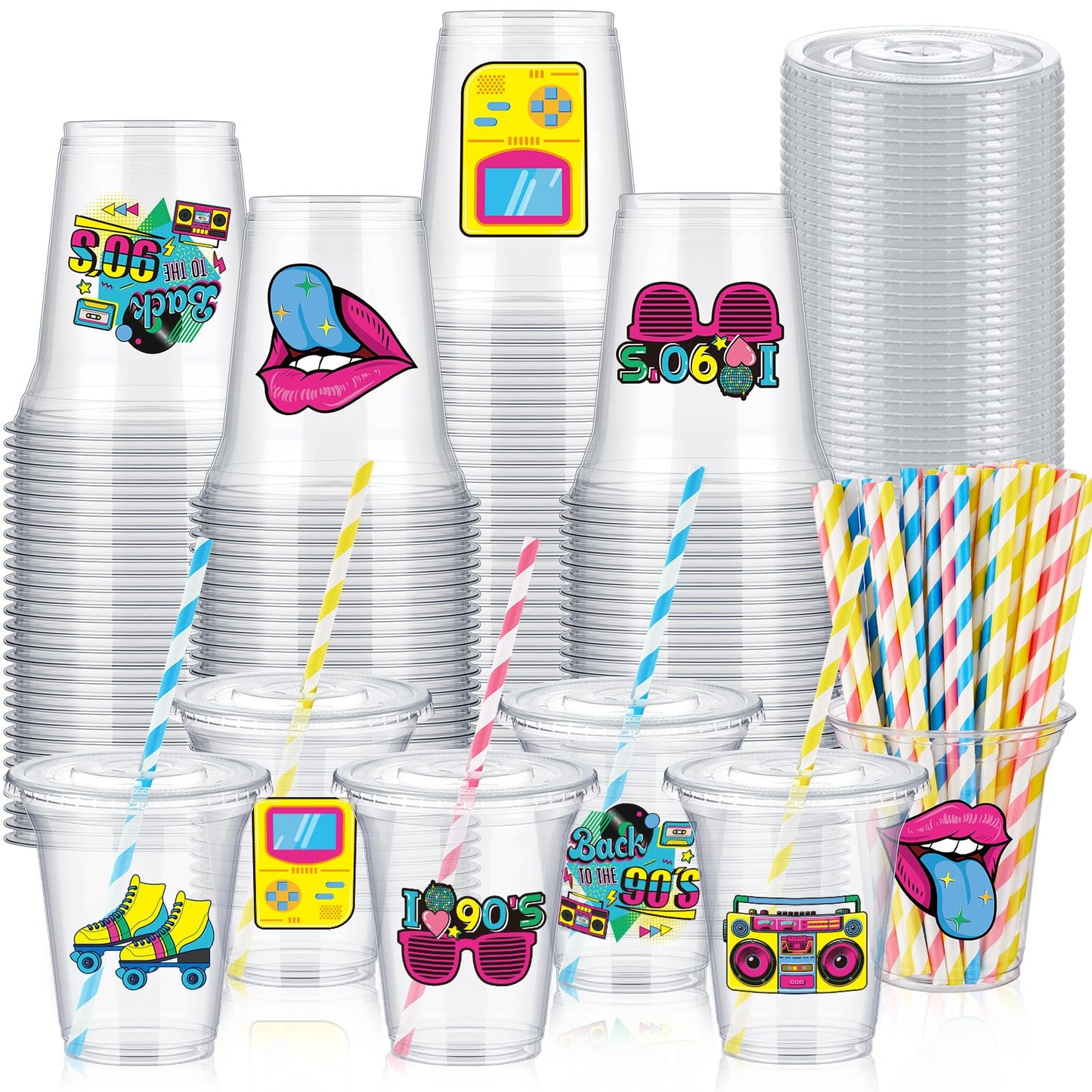 90s Disco Theme Plastic Cups with Lids & Straws – 60 Set, 14oz