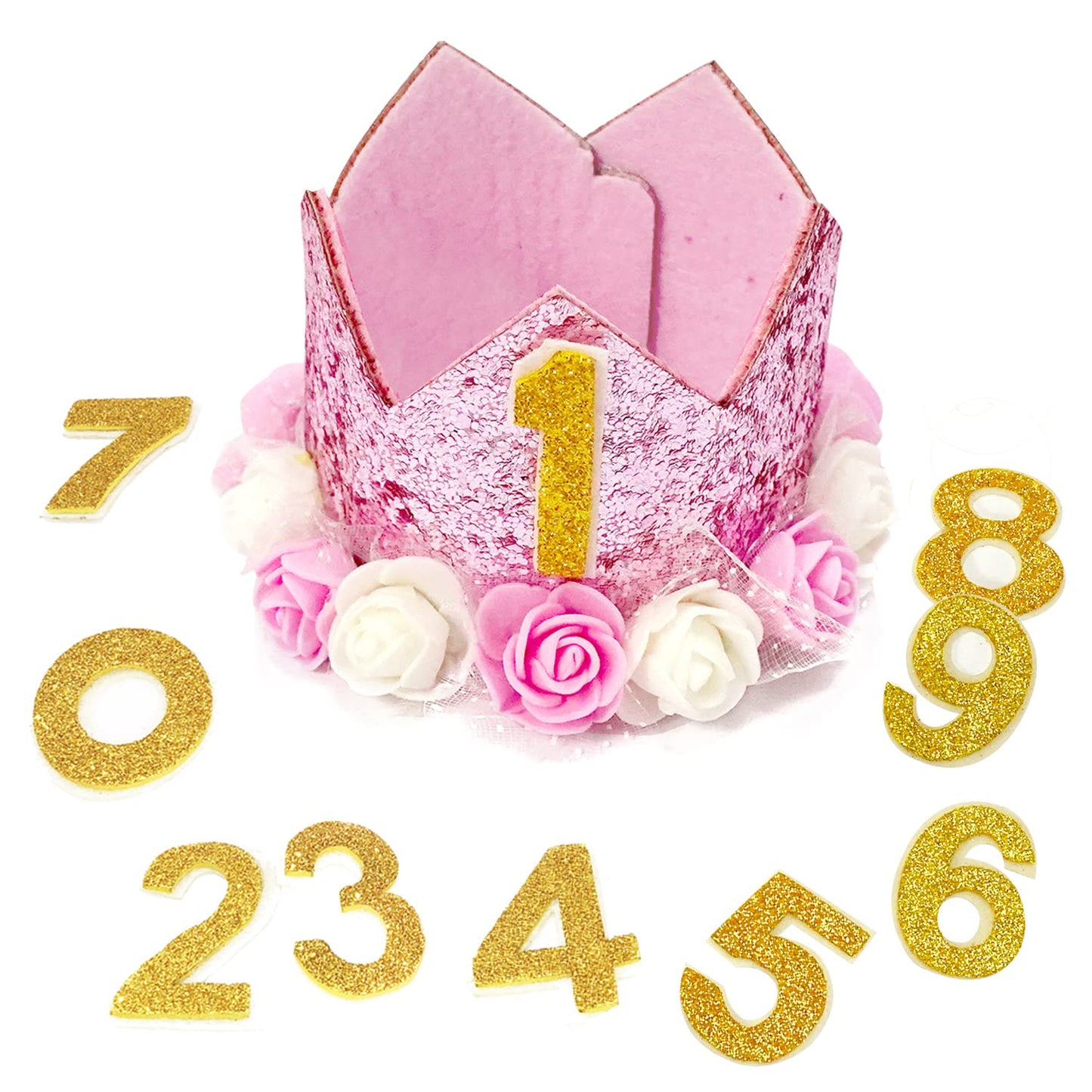 Rimobul Pet Crown Hat Dog Birthday Hat Reusable Birthday Party Crown for Pet Girl Cat Doggie Headband Hats with 0-9 Figures Charms Pet Gift Grooming Accessories with Glue Dots Pack of 1(Pink)