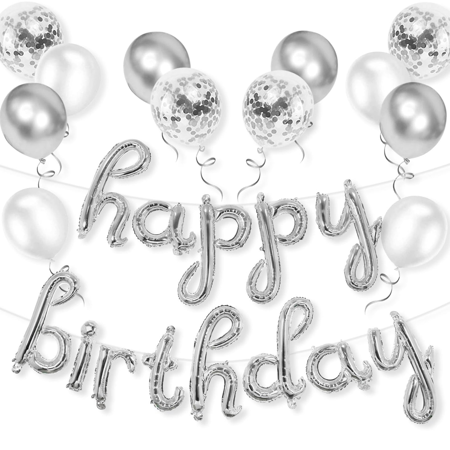 Silver Happy Birthday Balloon Set - Cursive Foil & Latex