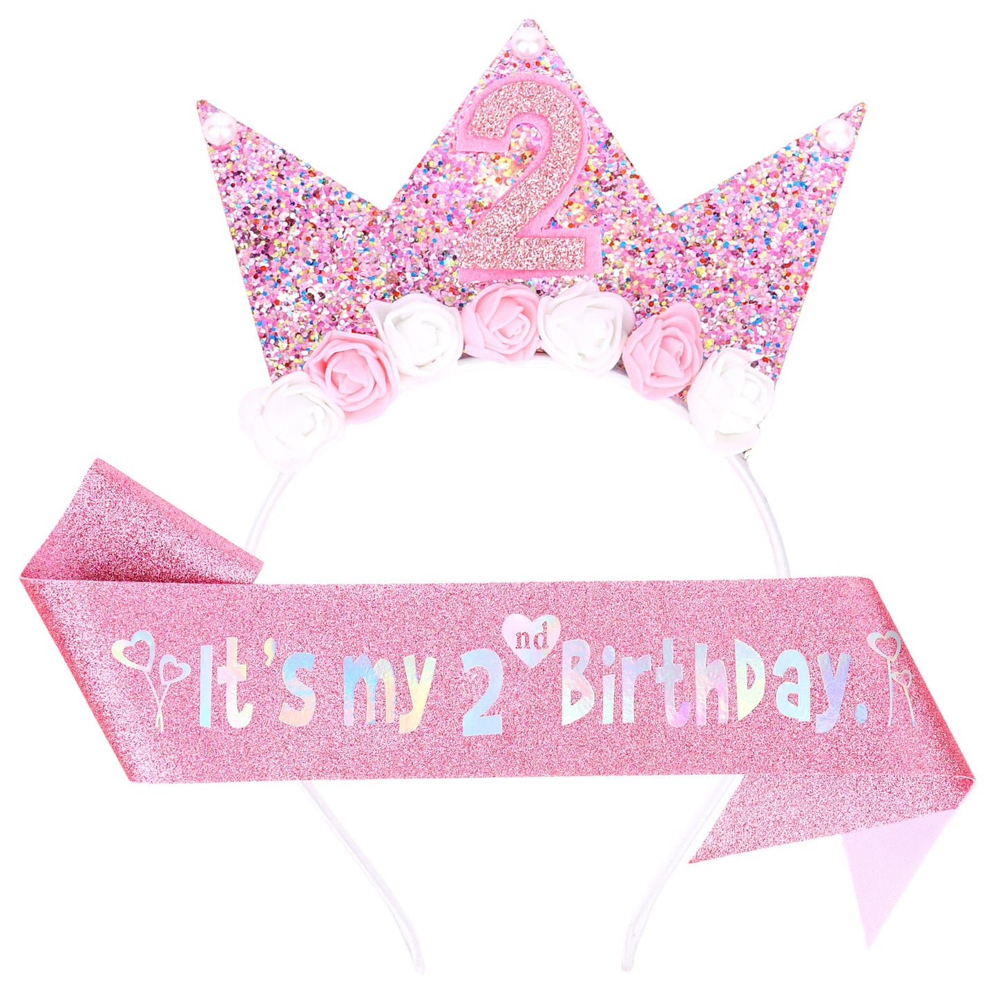 YARIEW 2nd Birthday Decorations for Girls 2nd Birthday Headband and Glitter Birthday Sash Kit Birthday Tiara Flower Princess Crown Headband Its My Birthday Sash Birthday Girl Outfit