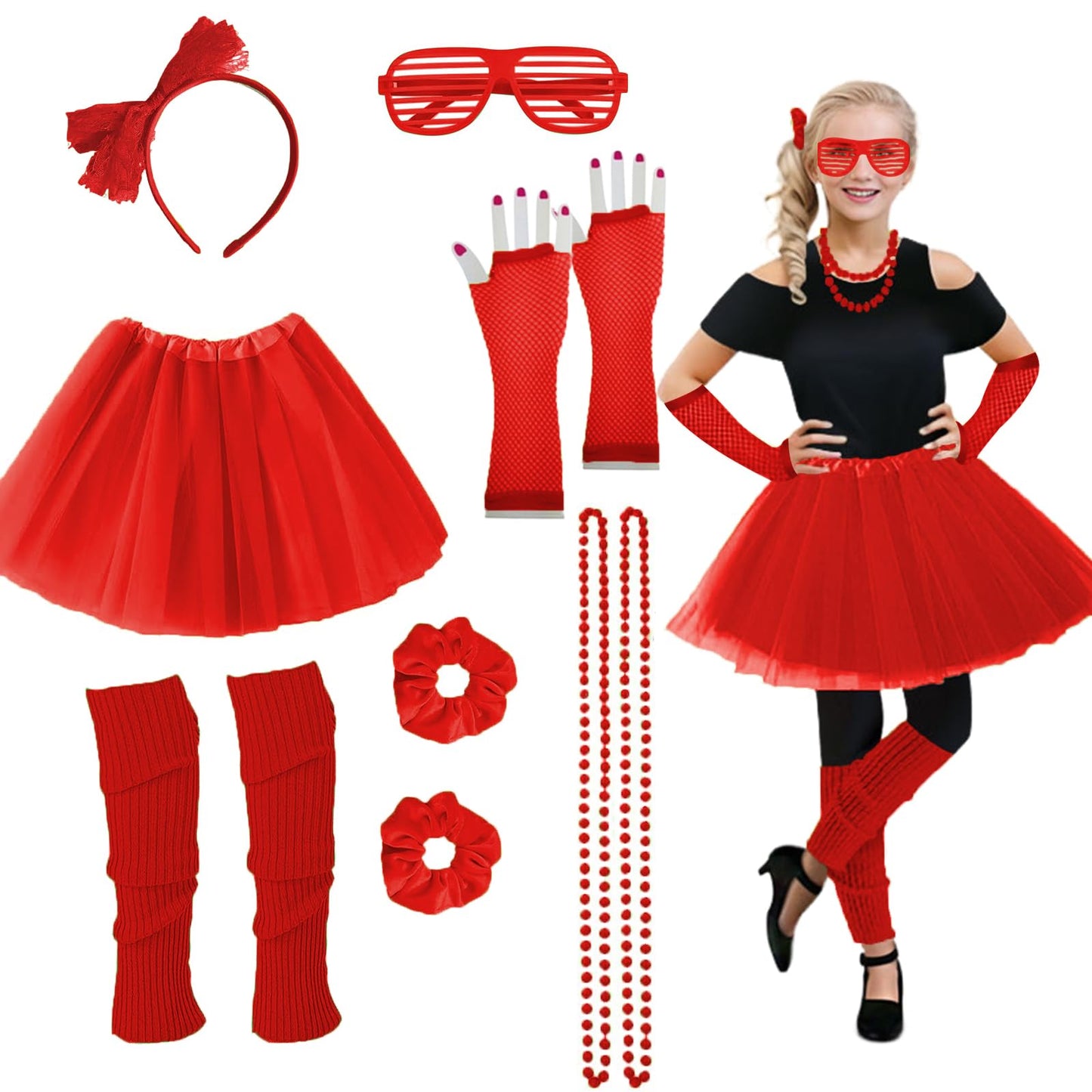 Girls Red Tutu 80s Outfit Costume Red Team Spiritred Week Accessories7Pcs 70s 1980s 90s Costumes
