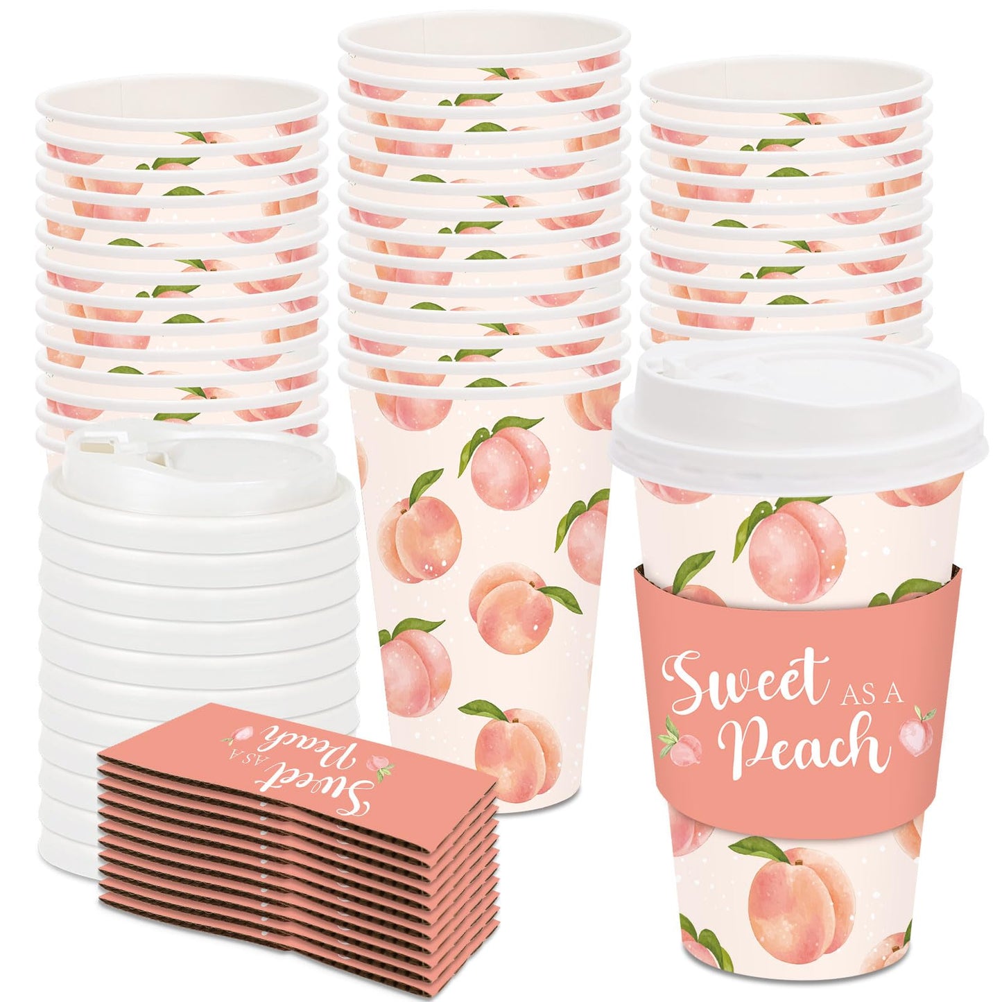 Peach Disposable Coffee Cups with Lids & Sleeves – 48 Set, 16oz