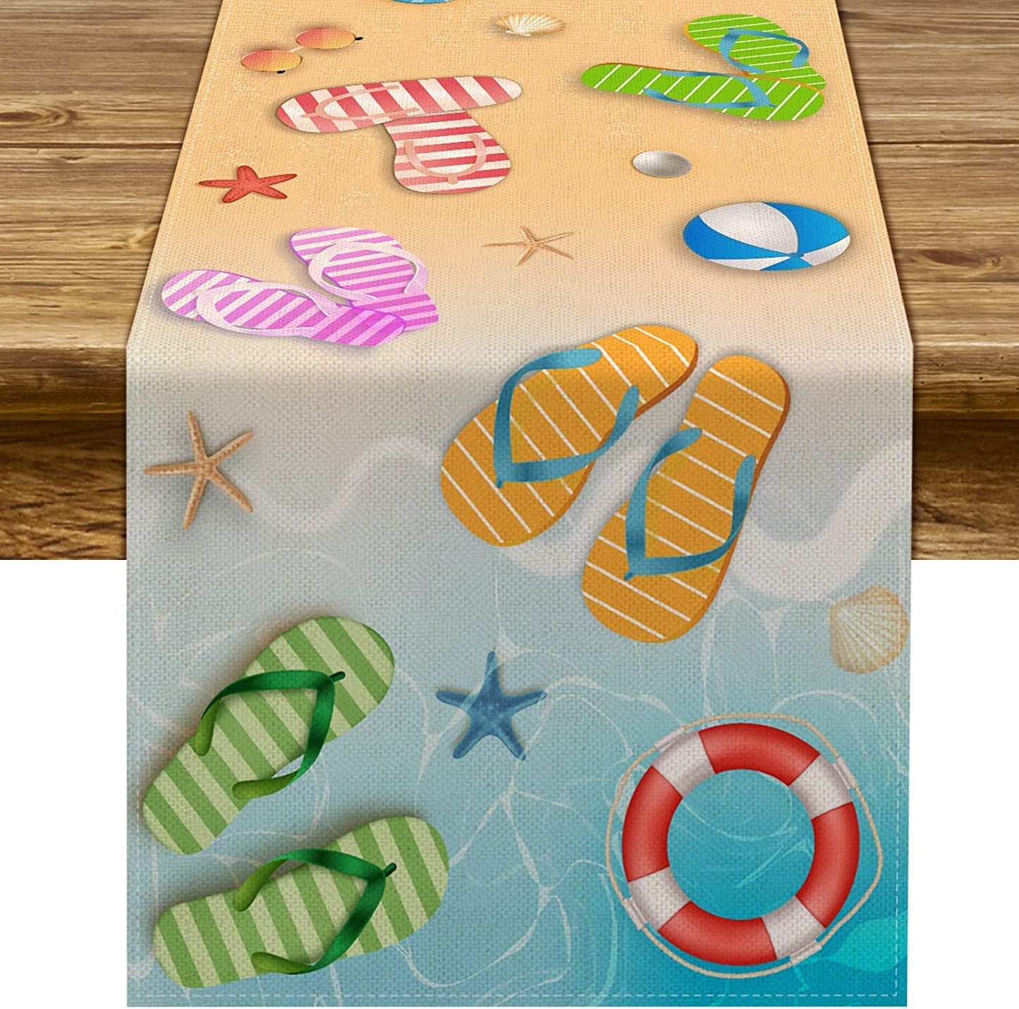 Summer Beach Table Runner Flip Flops Seaside Themed Birthday Seasonal Holiday Party Kitchen Dinning Room Home Decoration (13" x 48")