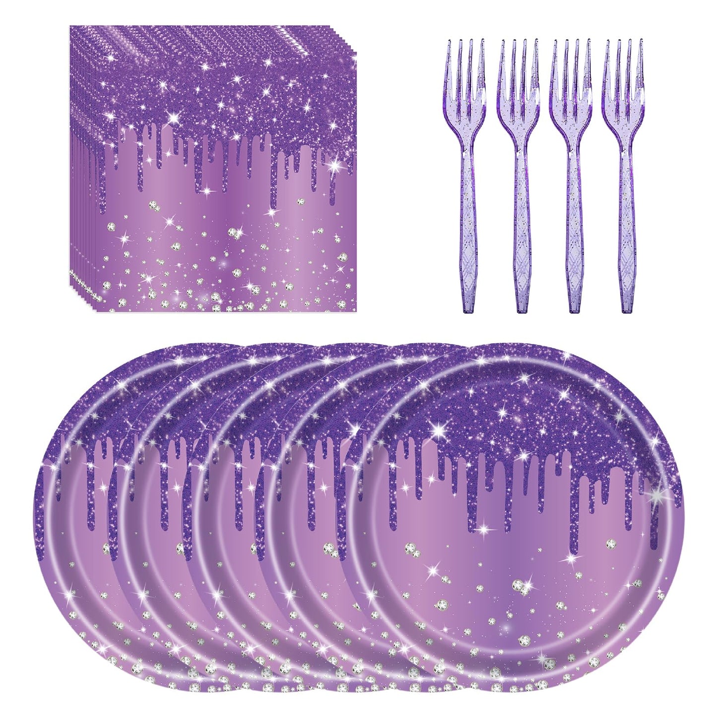 Purple Glitter Birthday Party Dinnerware Set - 72 ct