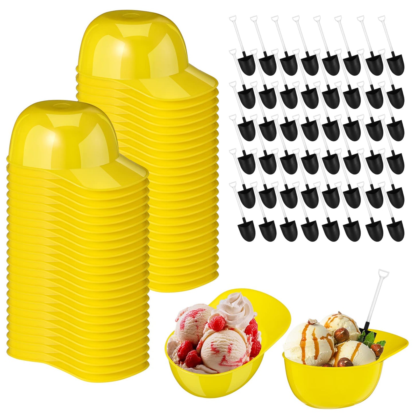 Construction Helmet Dessert Bowls with Shovel Spoons - 48 ct